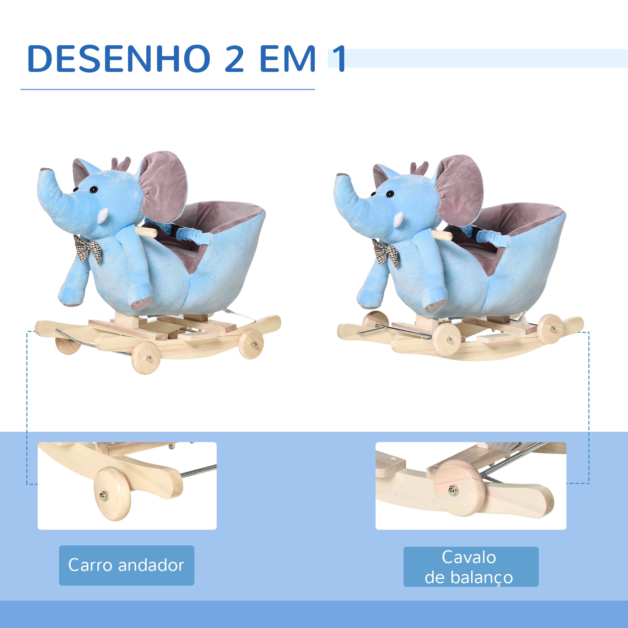 Baloiço Elefante Azul para Bebés – 60x35x45 cm – Madeira de Choupo