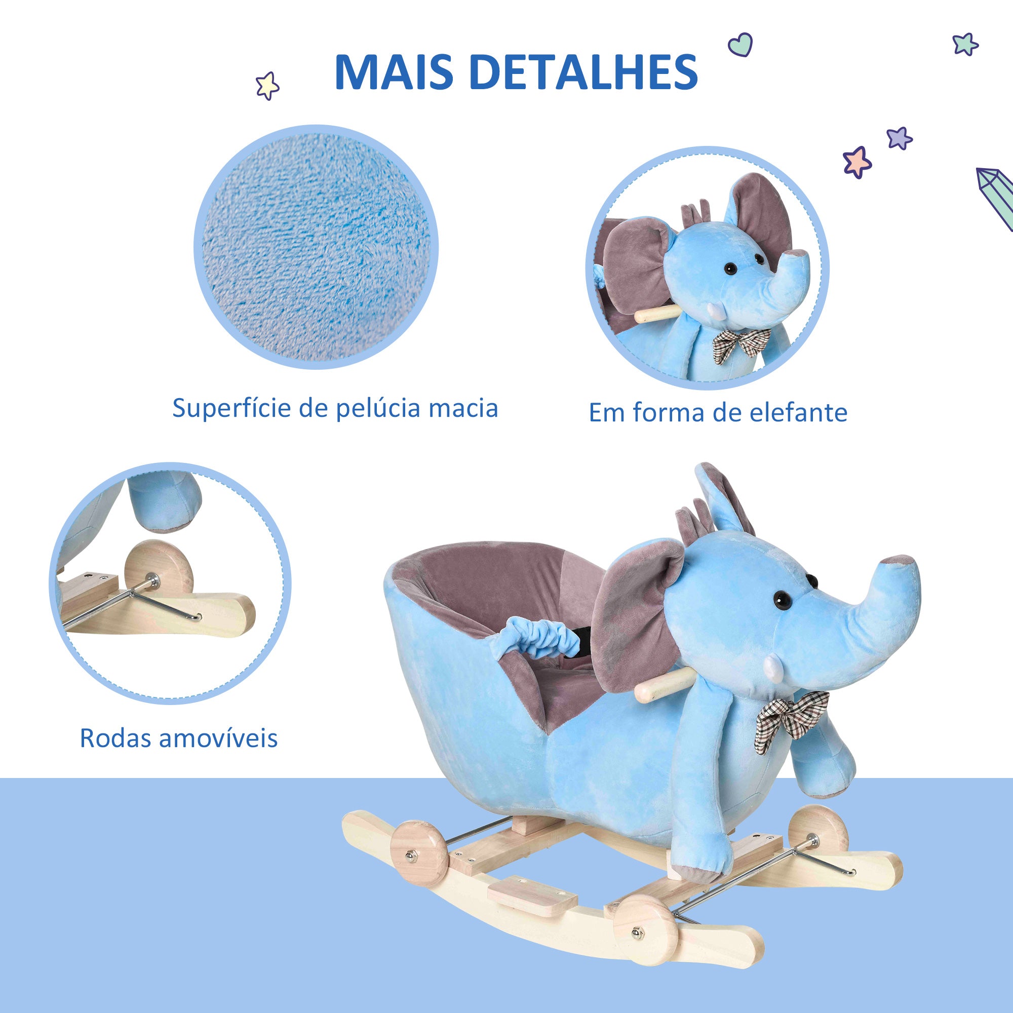 Baloiço Elefante Azul para Bebés – 60x35x45 cm – Madeira de Choupo