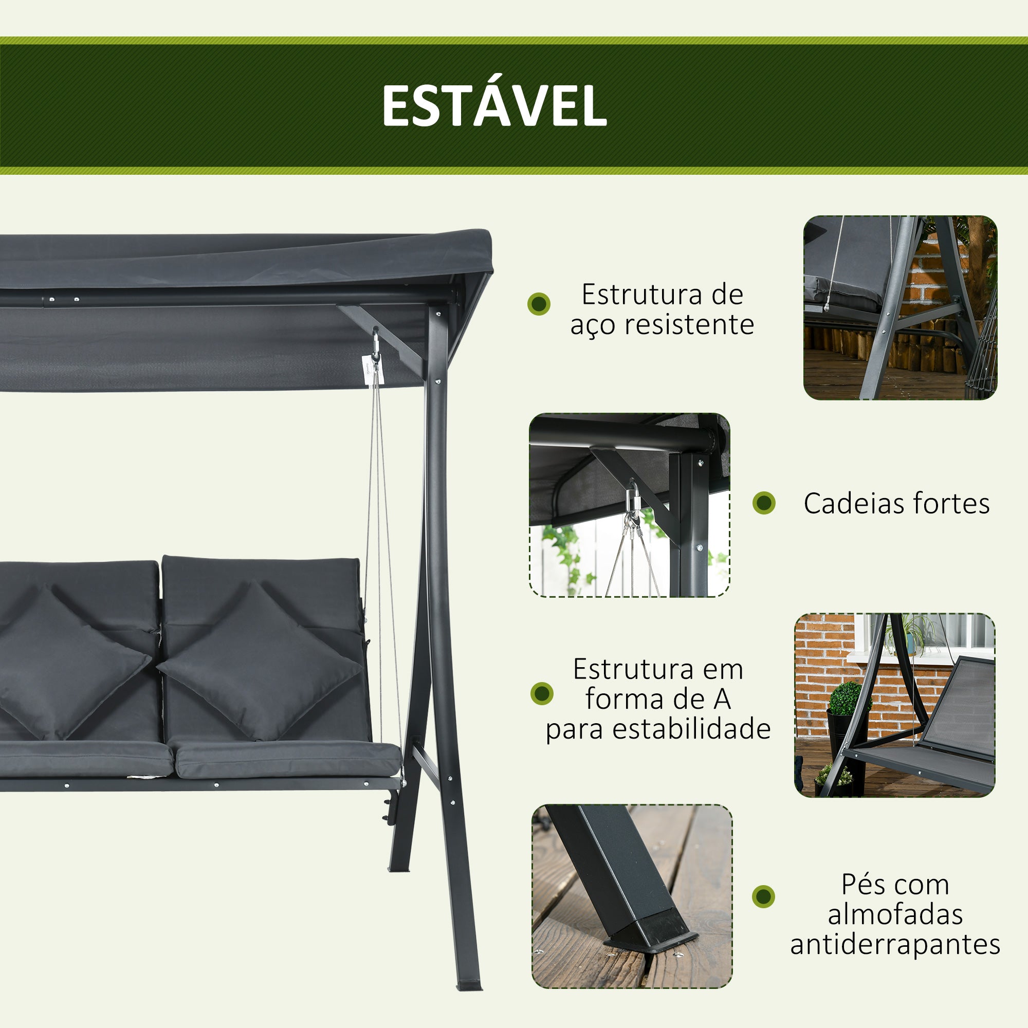 Baloiço de Jardim 3 Lugares 202x115x168 cm Cinza Escuro