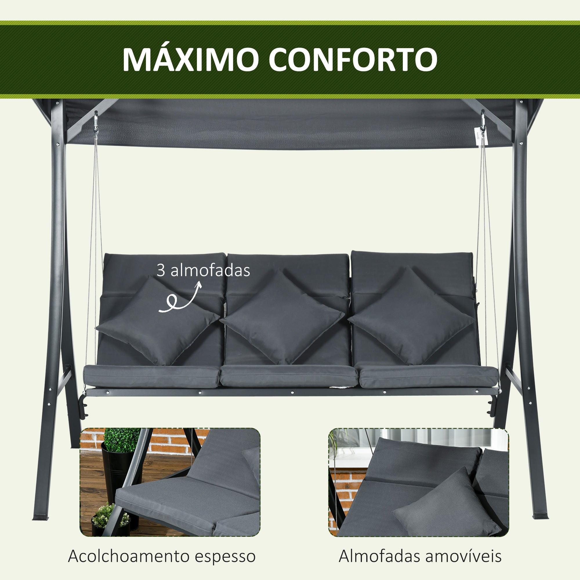 Baloiço de Jardim 3 Lugares 202x115x168 cm Cinza Escuro