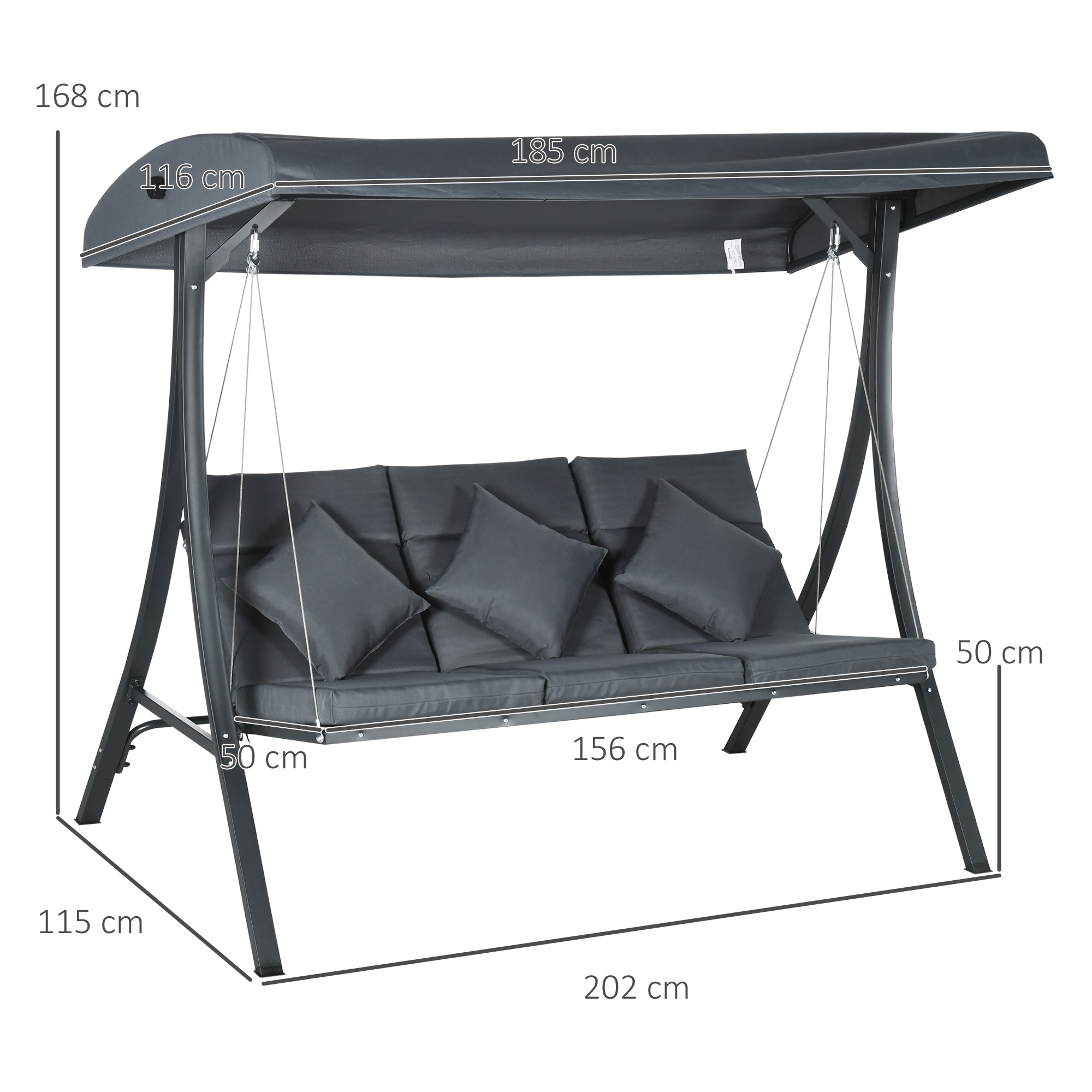 Baloiço de Jardim 3 Lugares 202x115x168 cm Cinza Escuro