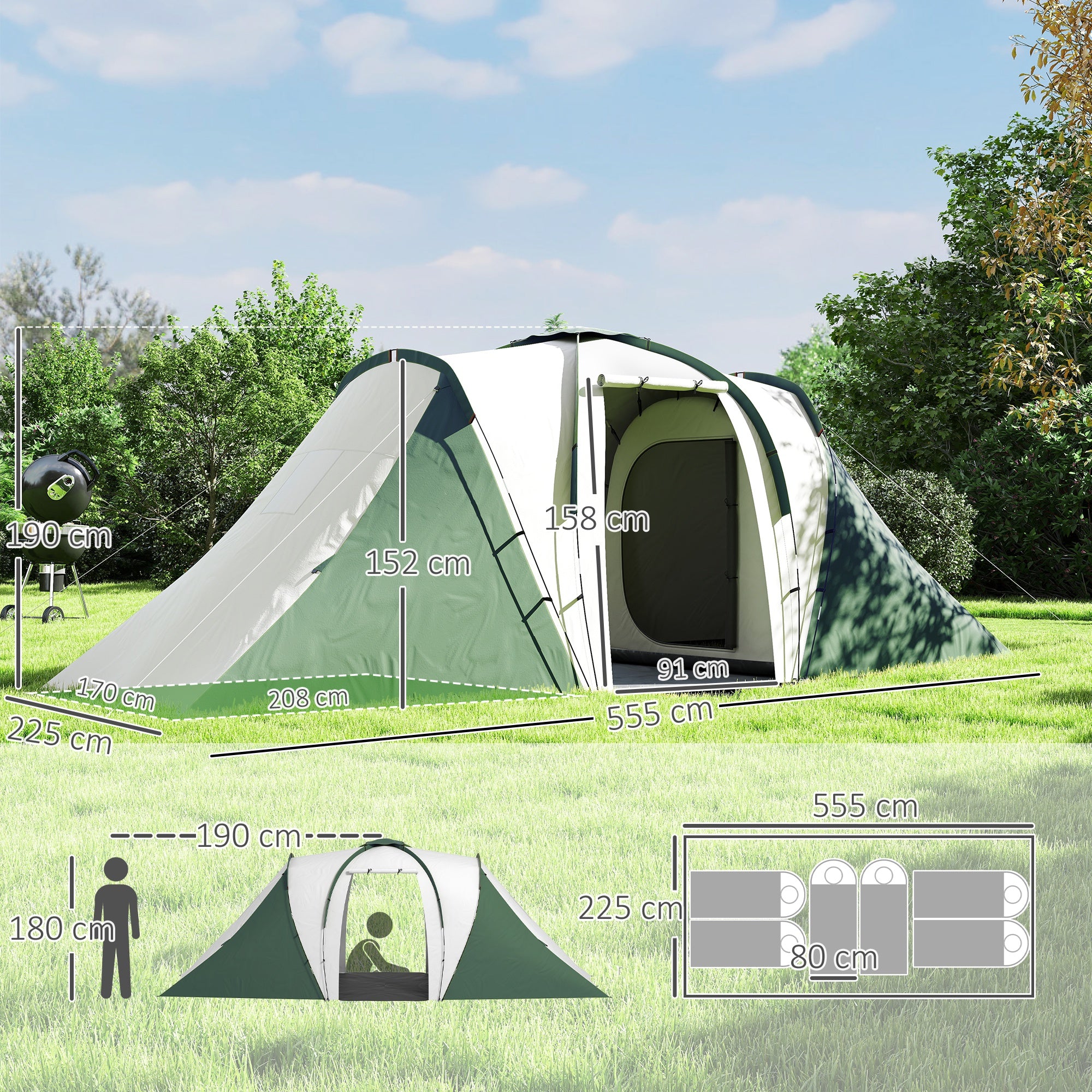 Tenda de Campismo Familiar para 4-6 Pessoas 555x225x190 cm - Cinza e Verde