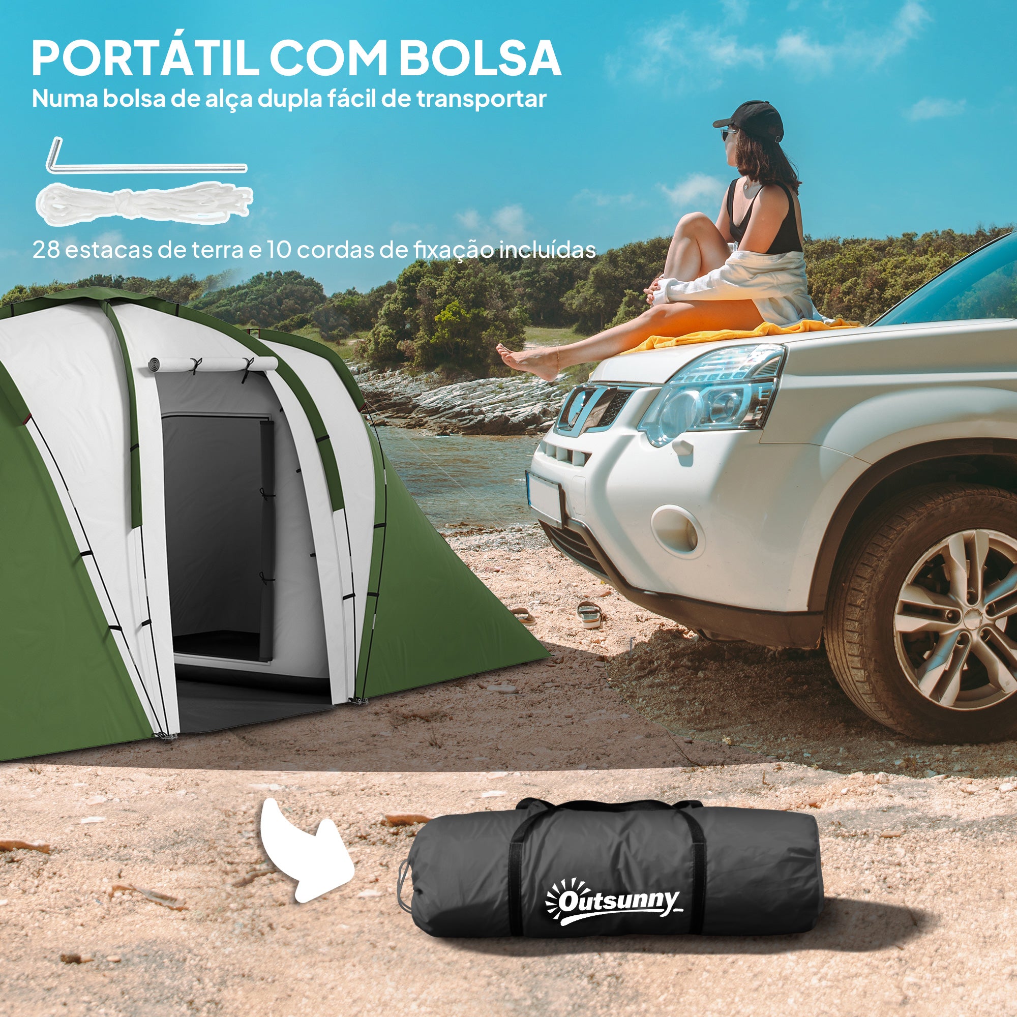 Tenda de Campismo Familiar para 4-6 Pessoas 555x225x190 cm - Cinza e Verde