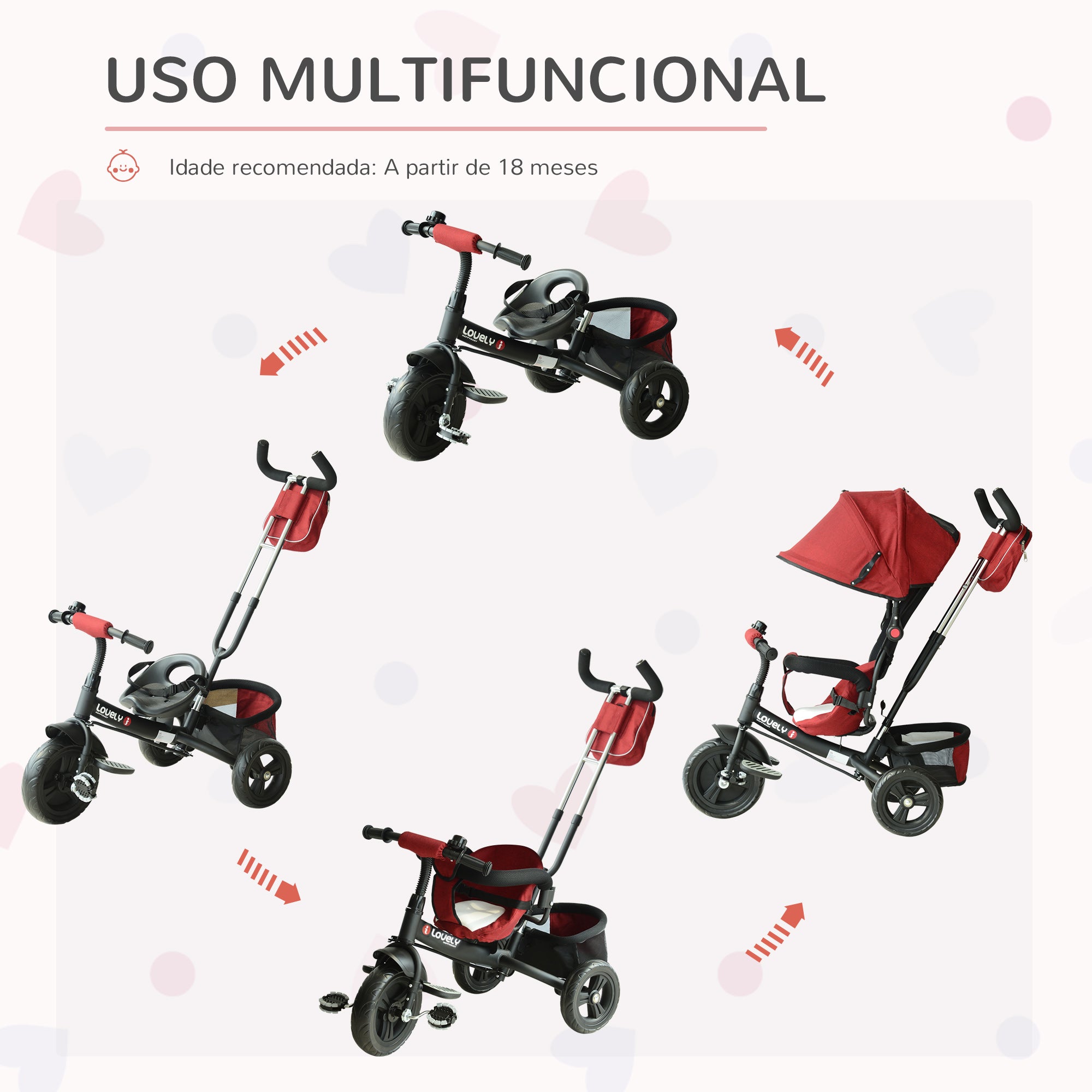 Triciclo Infantil 3 em 1 Vermelho 102x49x102 cm