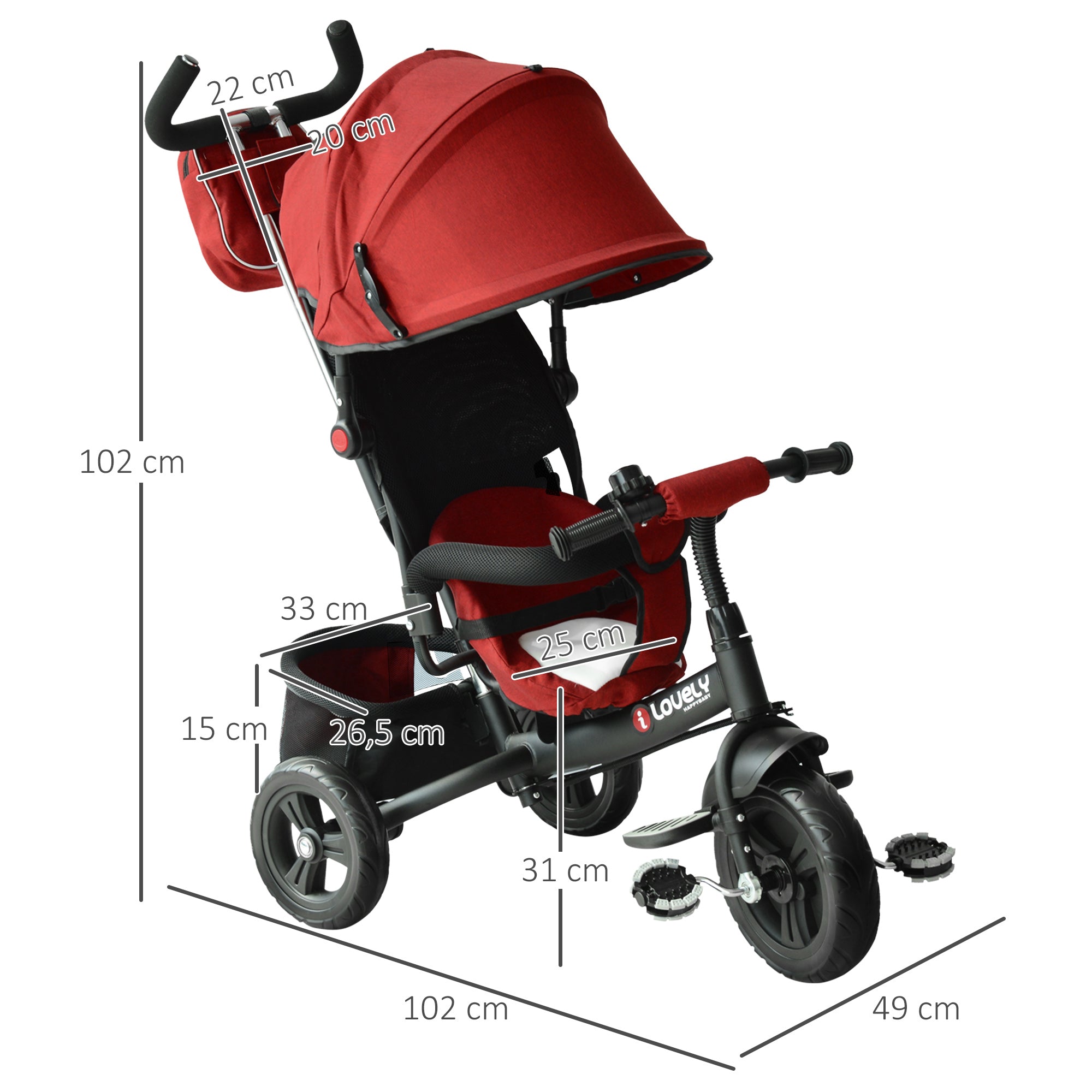 Triciclo Infantil 3 em 1 Vermelho 102x49x102 cm