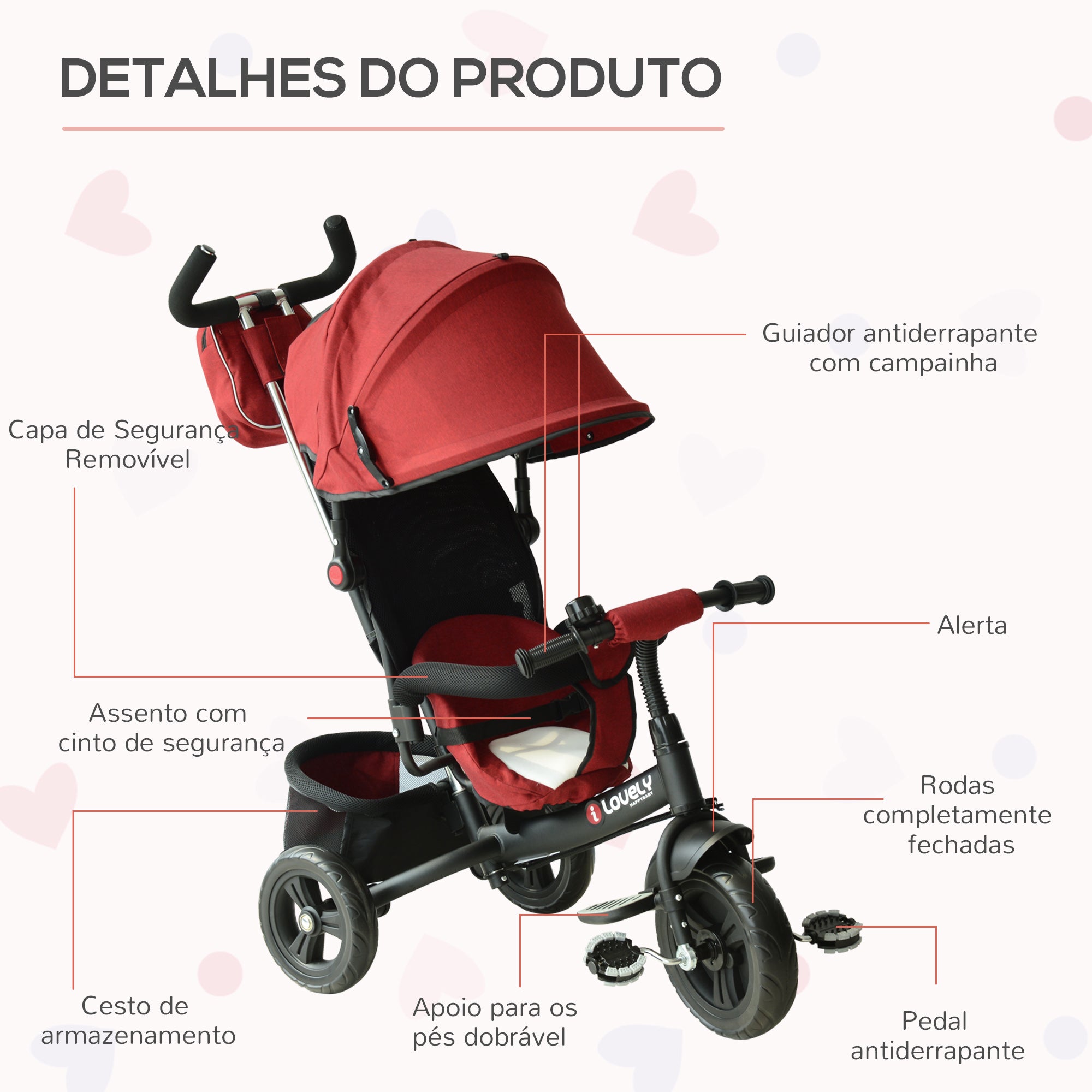 Triciclo Infantil 3 em 1 Vermelho 102x49x102 cm