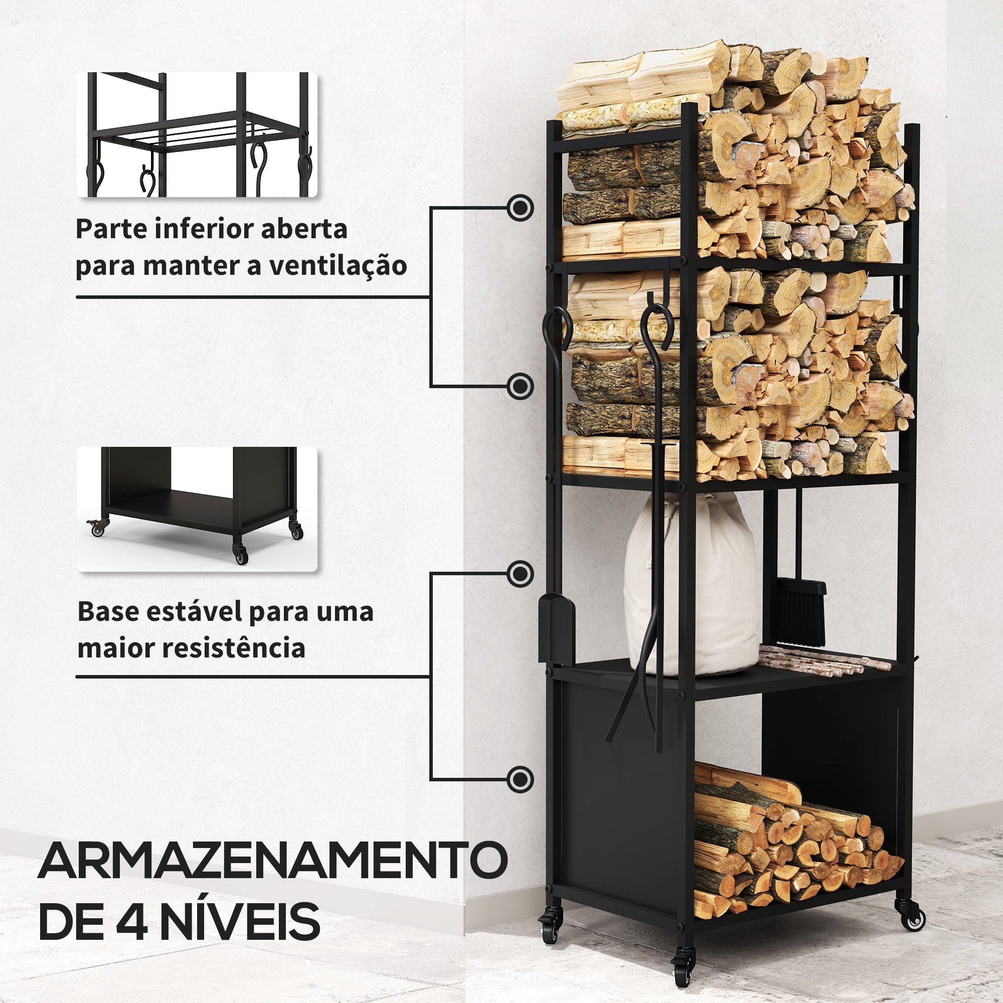 Suporte para Lenha 4 Níveis 45x30x118 cm Preto