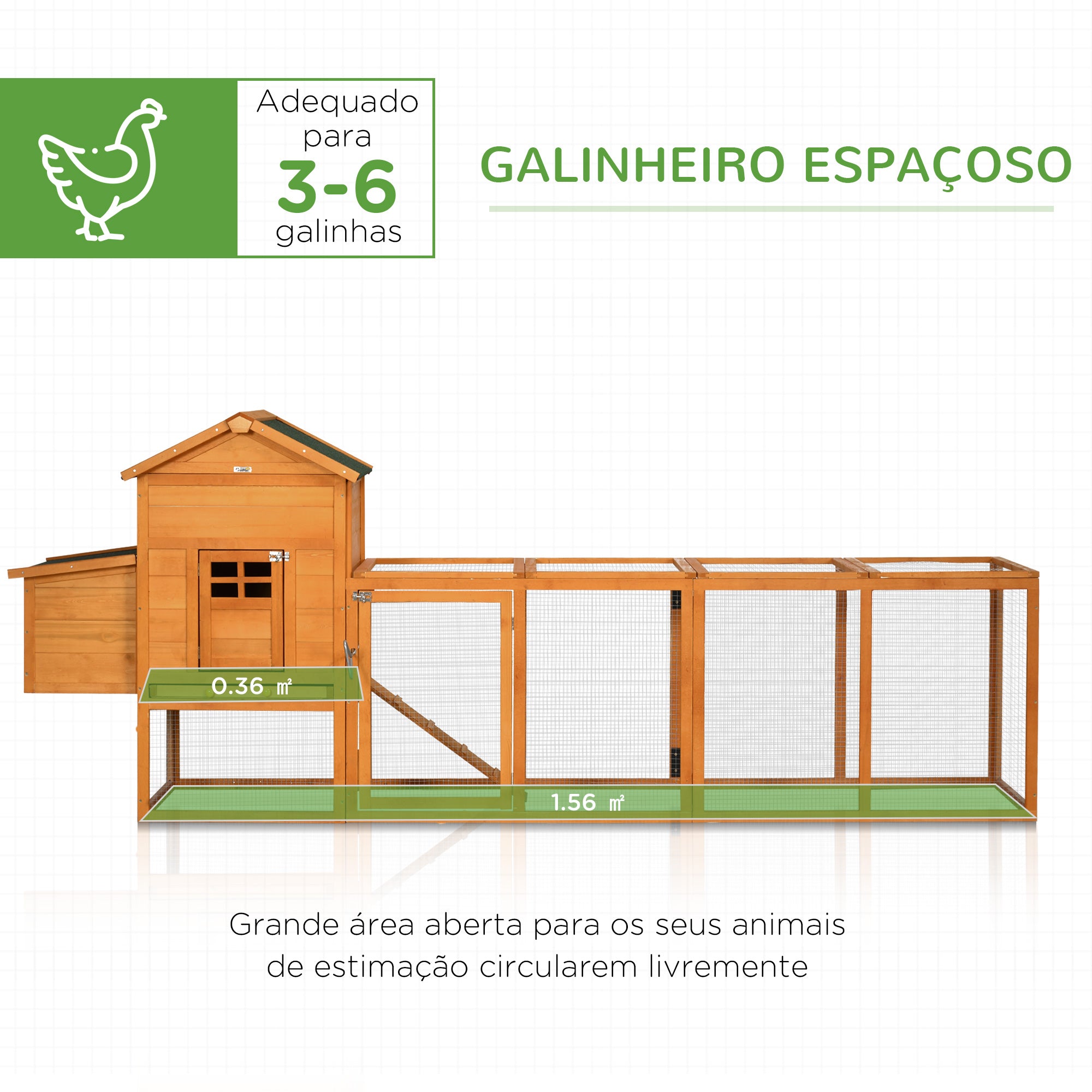 Galinheiro de Madeira 297,5x68x118cm - Cor Madeira e Verde
