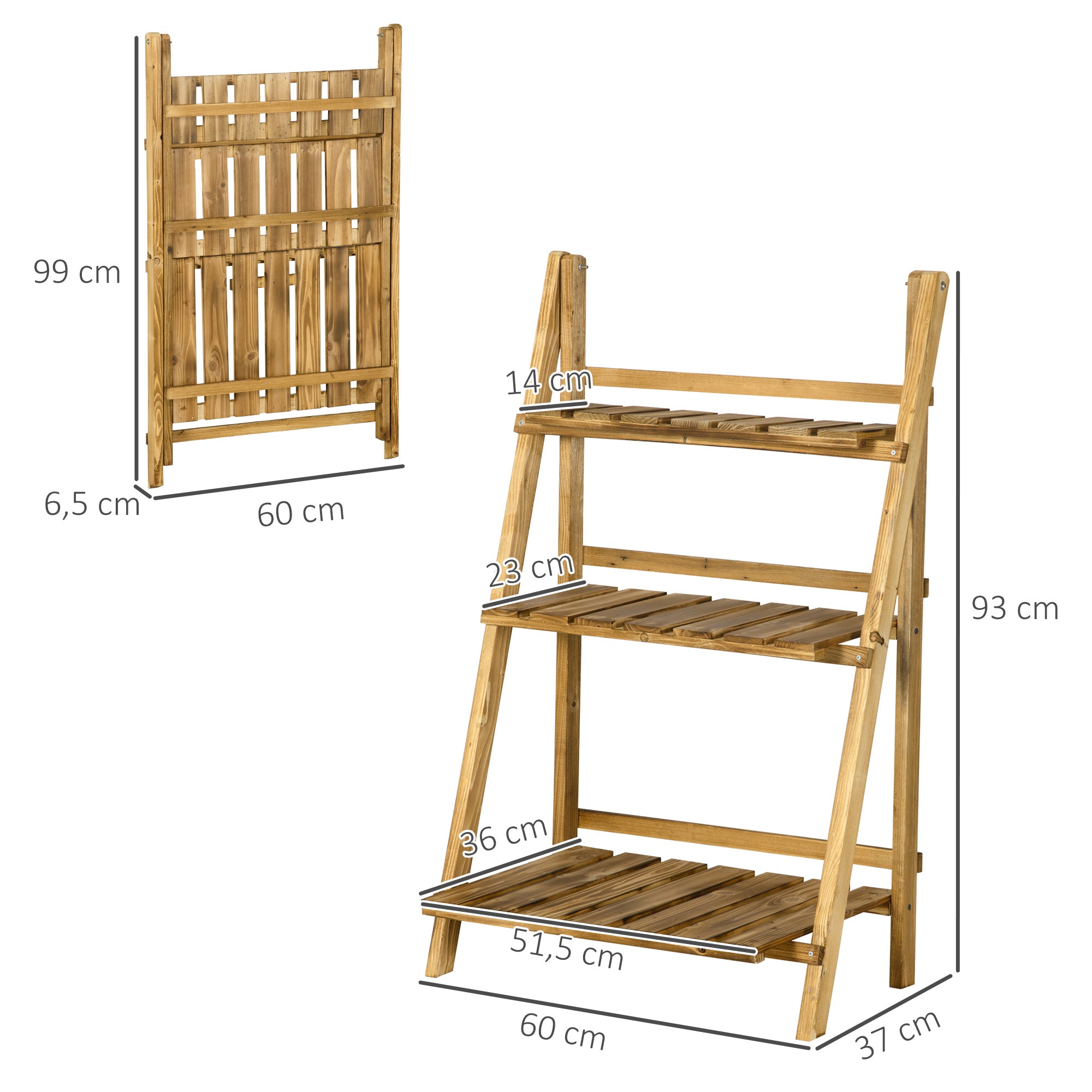 Suporte para Plantas de 3 Níveis – 60x37x93 cm – Madeira Carbonizada