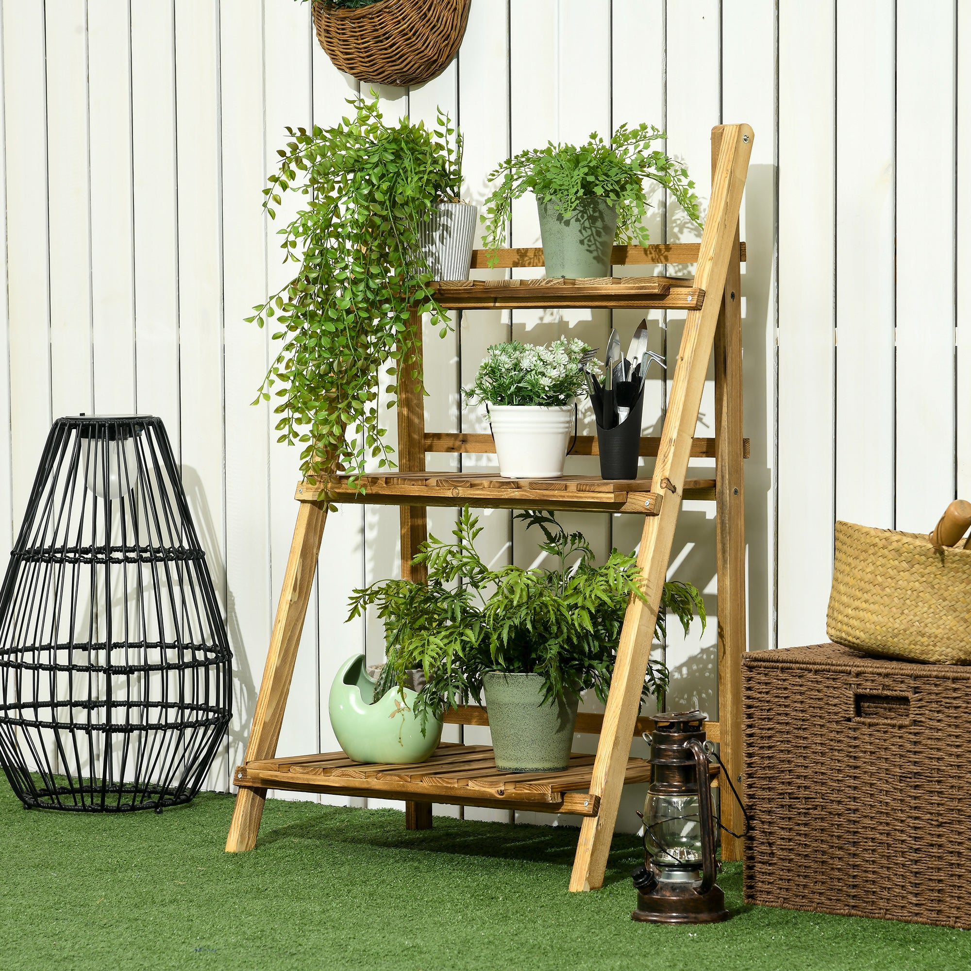 Suporte para Plantas de 3 Níveis – 60x37x93 cm – Madeira Carbonizada