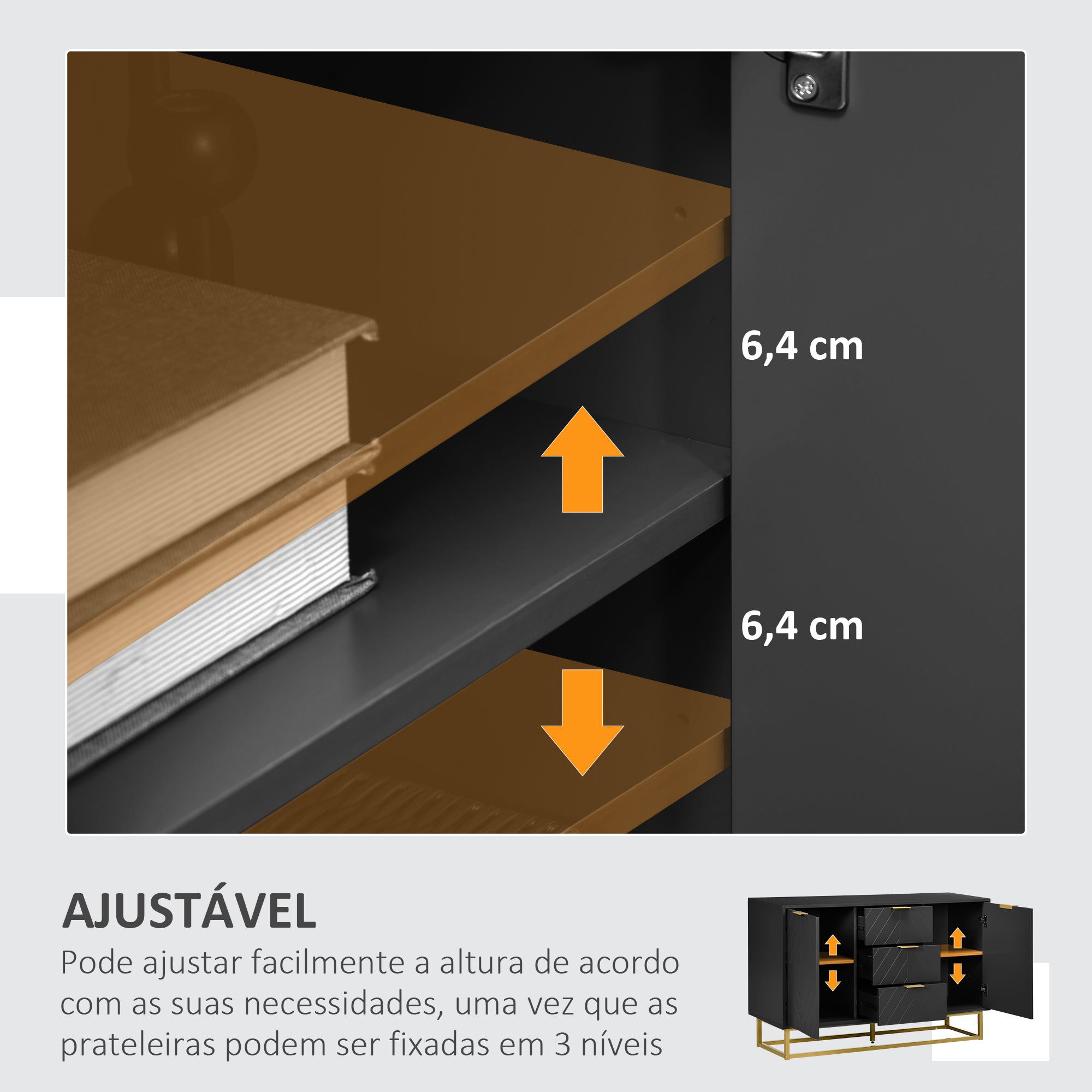 Aparador Auxiliar de Armazenamento 120x40x76 cm - Cor Preto