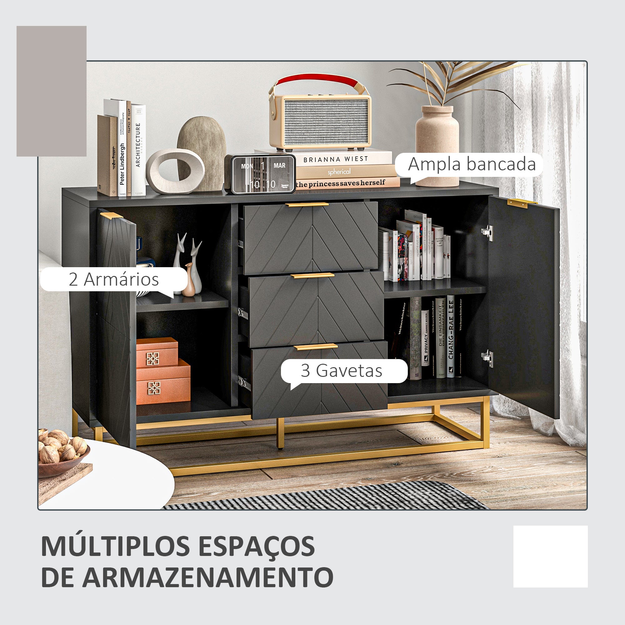 Aparador Auxiliar de Armazenamento 120x40x76 cm - Cor Preto