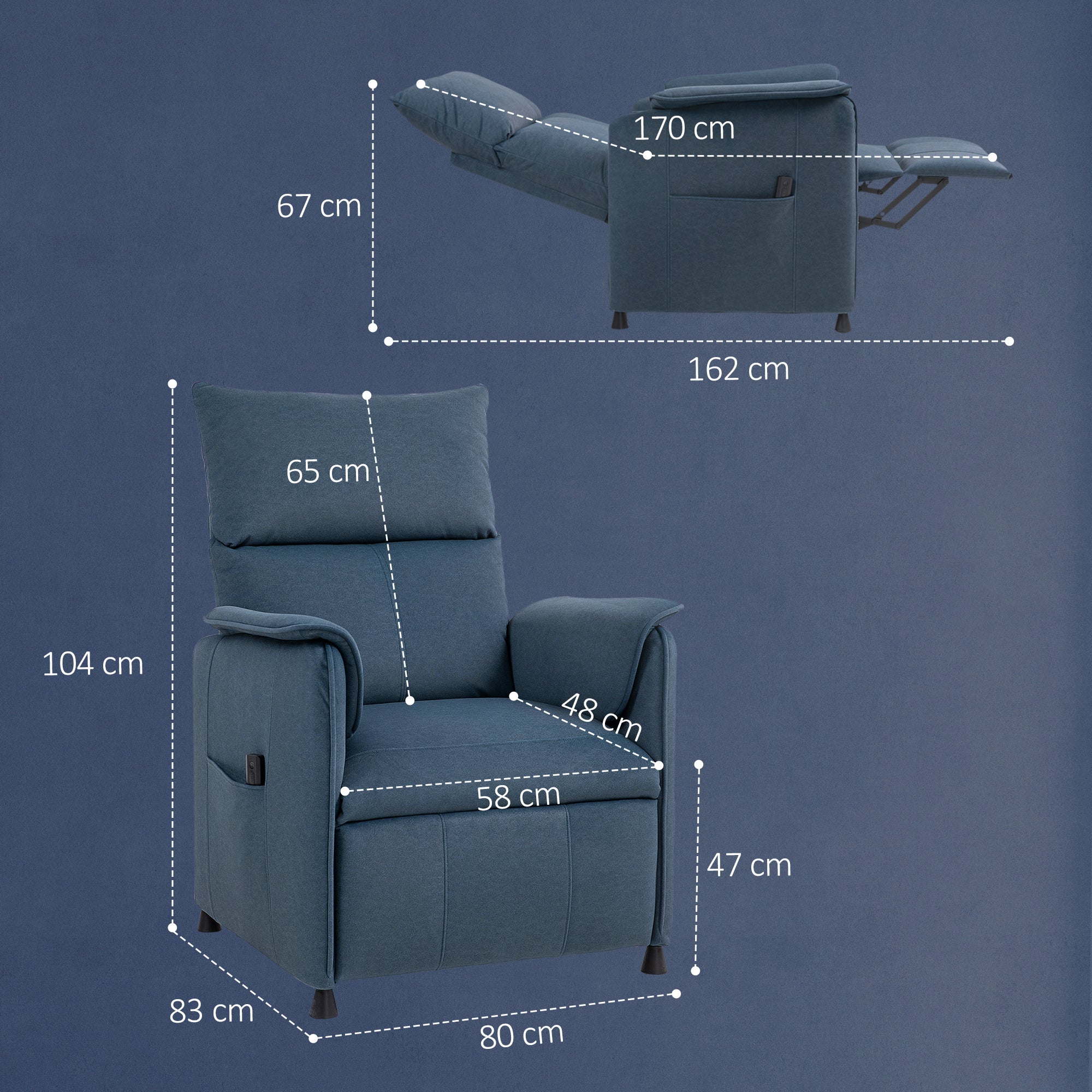 Poltrona Relax Reclinável Elétrica Azul Escuro 80x83x104 cm