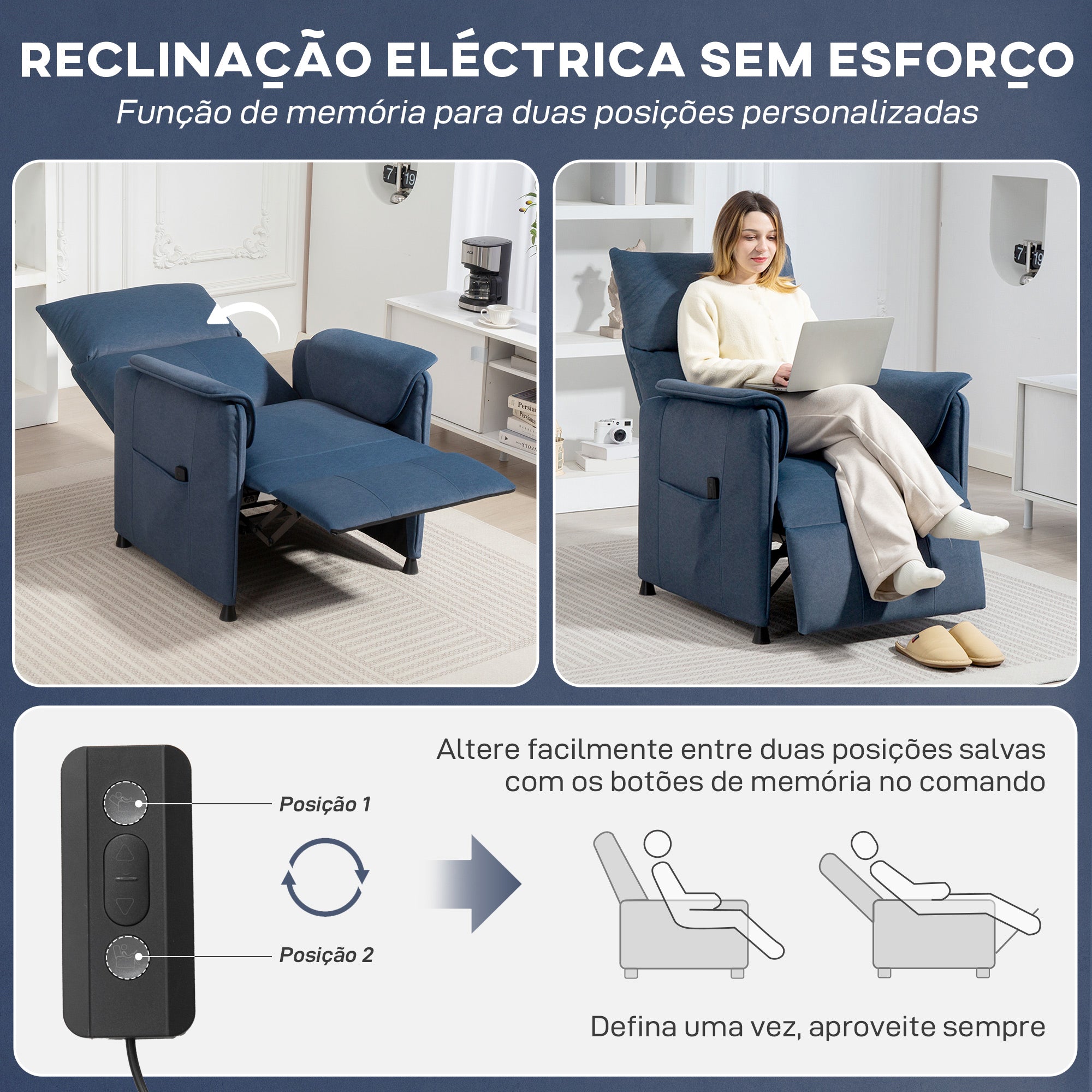 Poltrona Relax Reclinável Elétrica Azul Escuro 80x83x104 cm