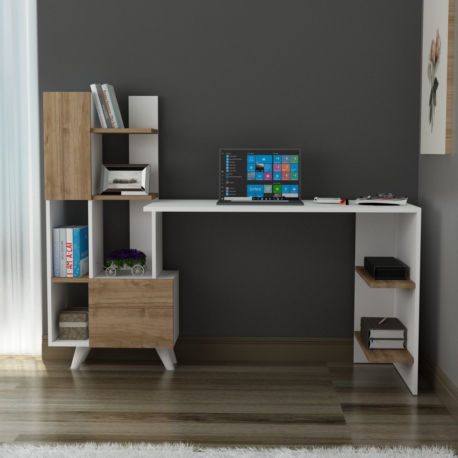 Secretária – 170 x 120 x 60 cm – branco e nogueira – melamina