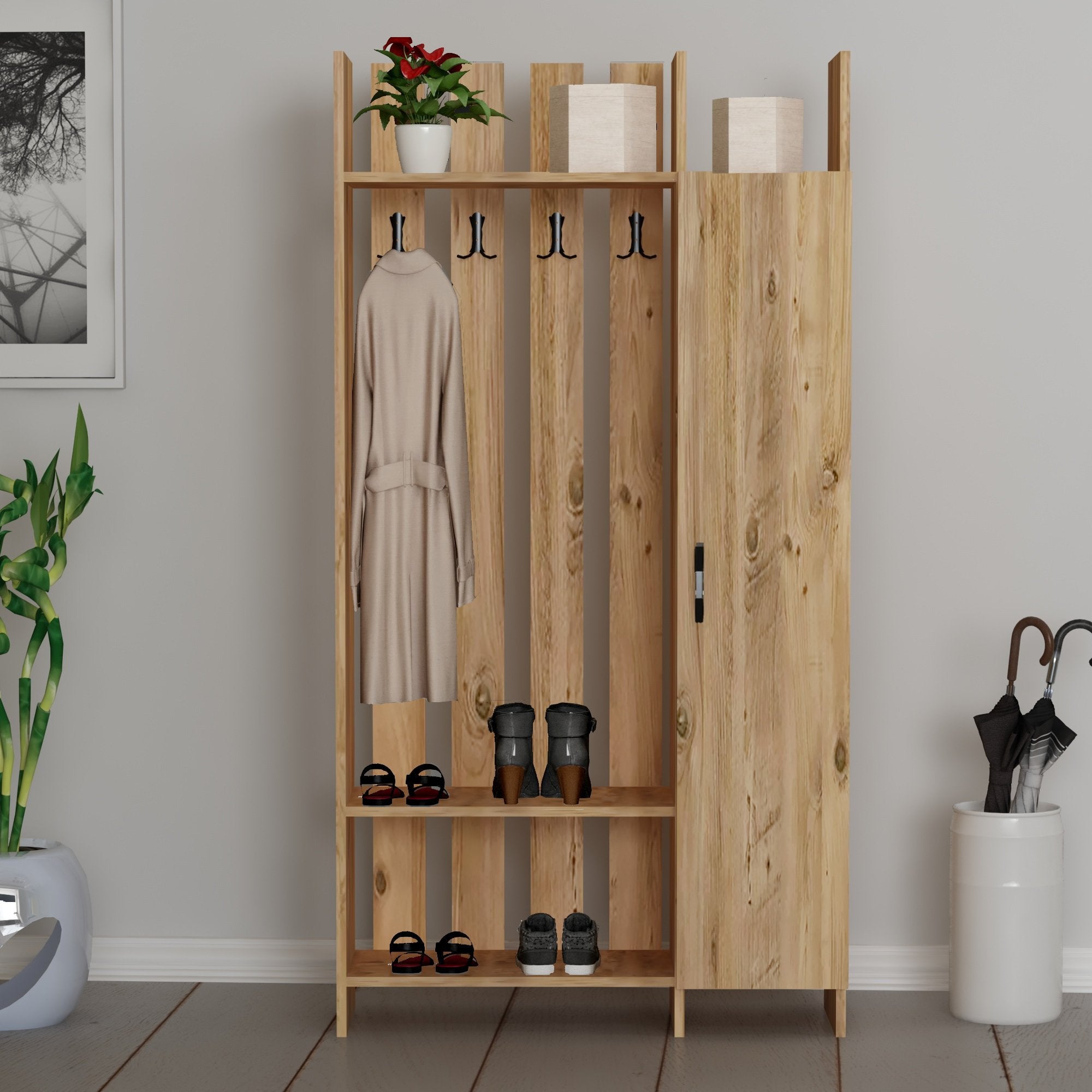 Elegante suporte de hall com cabideiro suspenso e prateleiras, pinho do Atlântico, 93,3 x 180 x 33,5 cm | 100% revestido em melamina, 18 mm de espessura | Design para montagem na parede