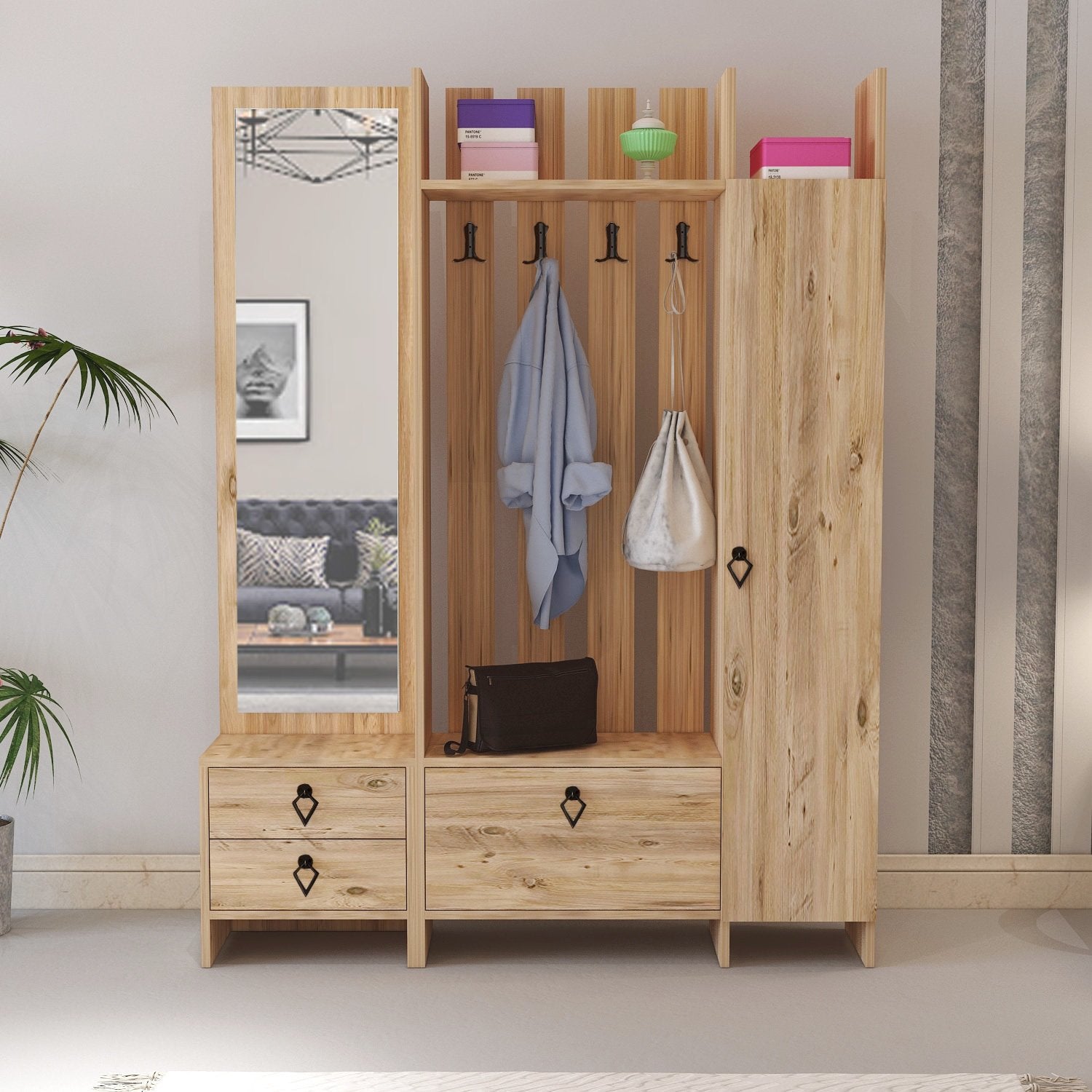 Elegante aparador de hall com espelho, pinho atlântico, 136,7 x 180 x 33,1 cm | 100% revestido em melamina, 18 mm de espessura | Montável na parede, cabideiro e prateleiras
