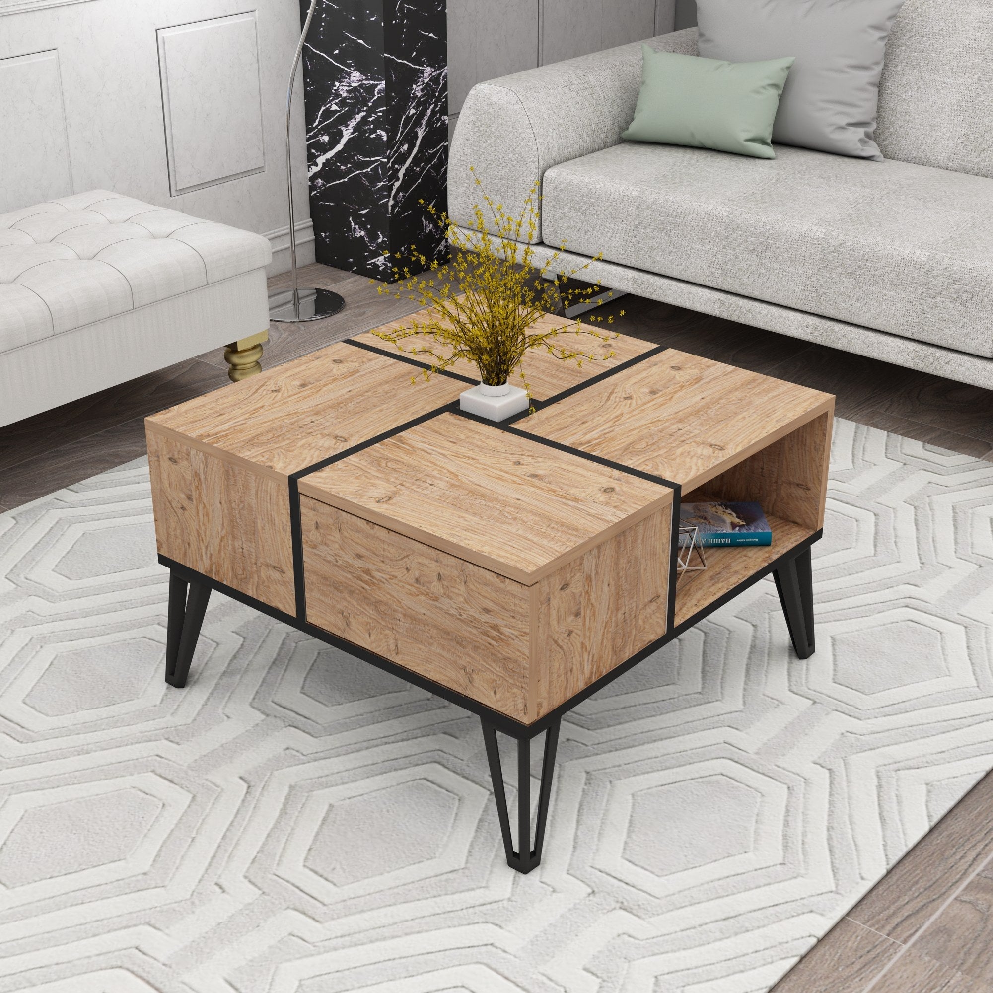 Mesa de Centro Elegante, Pinho Atlântico e Preto, 71,8 x 43,8 x 71,8 cm | Painel de Partículas 100% Revestido com Melamina, 18 mm de Espessura | Pés de Plástico Duráveis, Design Moderno