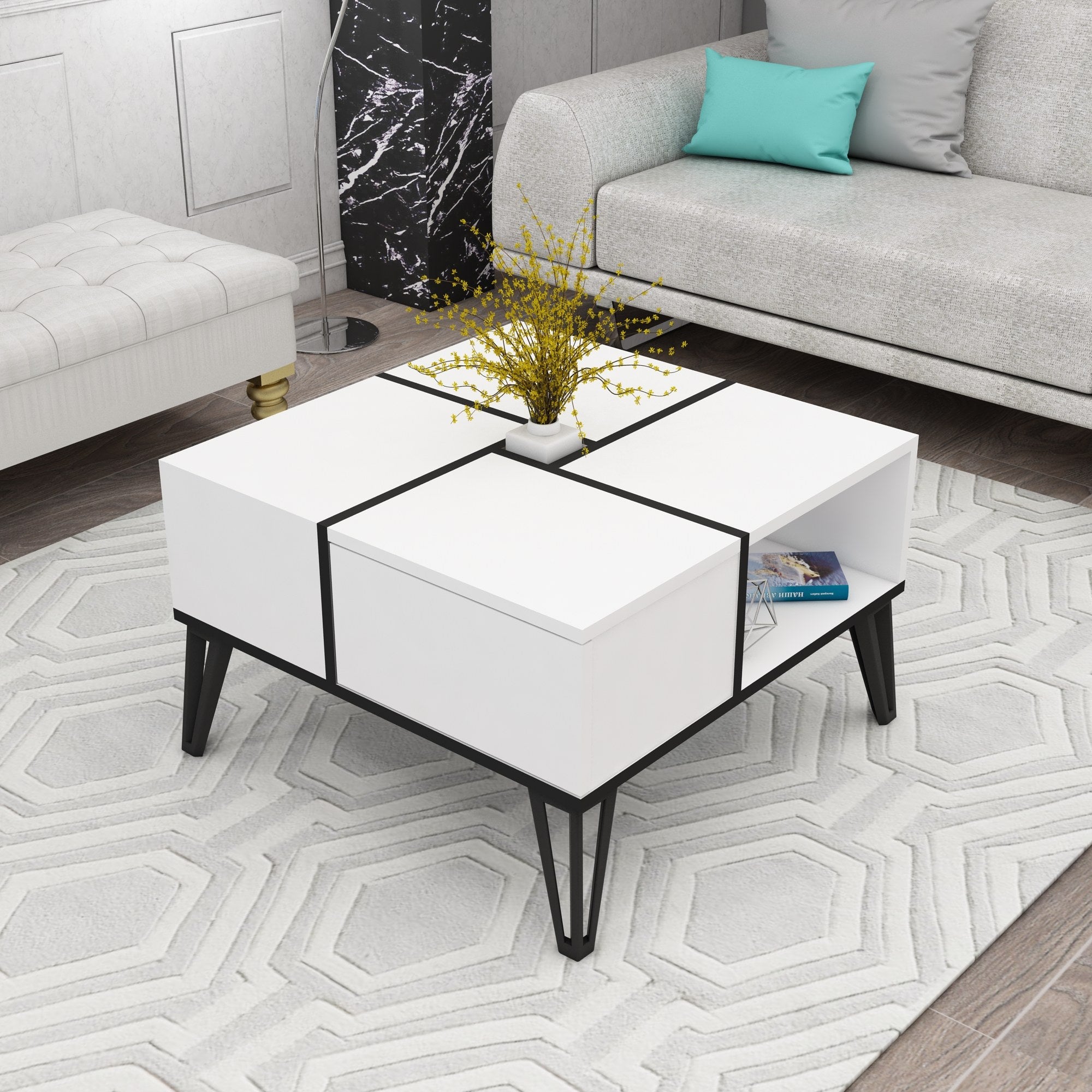 Mesa de Centro Elegante, Branca e Preta, 71,8 x 43,8 x 71,8 cm | Painel de Partículas 100% Revestido com Melamina, 18 mm de Espessura | Pés de Plástico Duráveis, Design Moderno