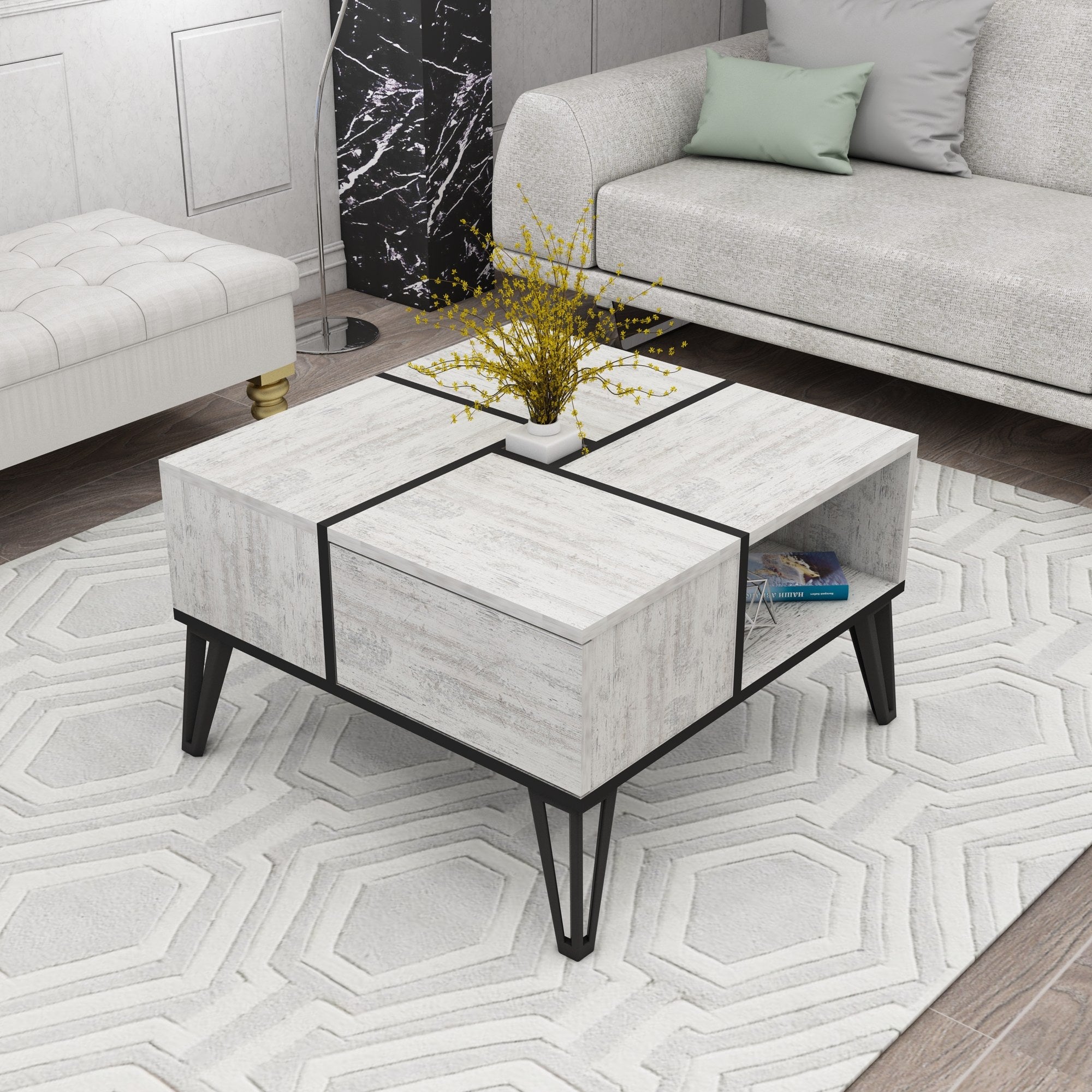 Mesa de Centro Elegante, Branca e Preta, 71,8 x 43,8 x 71,8 cm | Painel de Partículas 100% Revestido com Melamina, 18 mm de Espessura | Pés de Plástico Duráveis, Design Moderno