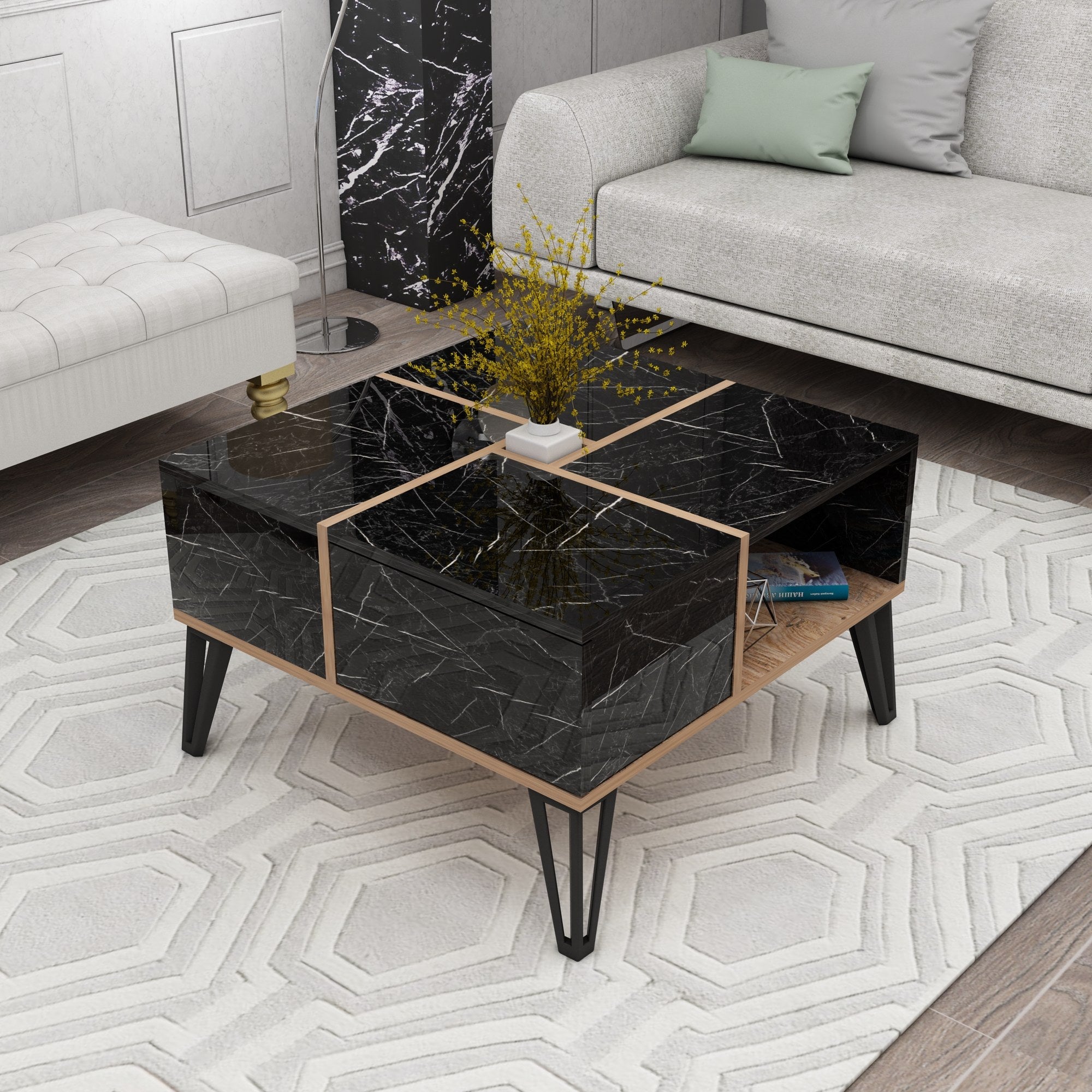Mesa de Centro Elegante, Preta e Nogueira com Detalhes em Branco, 71,8 x 43,8 x 71,8 cm | Revestimento 100% Melamina, 18 mm de Espessura | Pés de Plástico Duráveis, Design Moderno