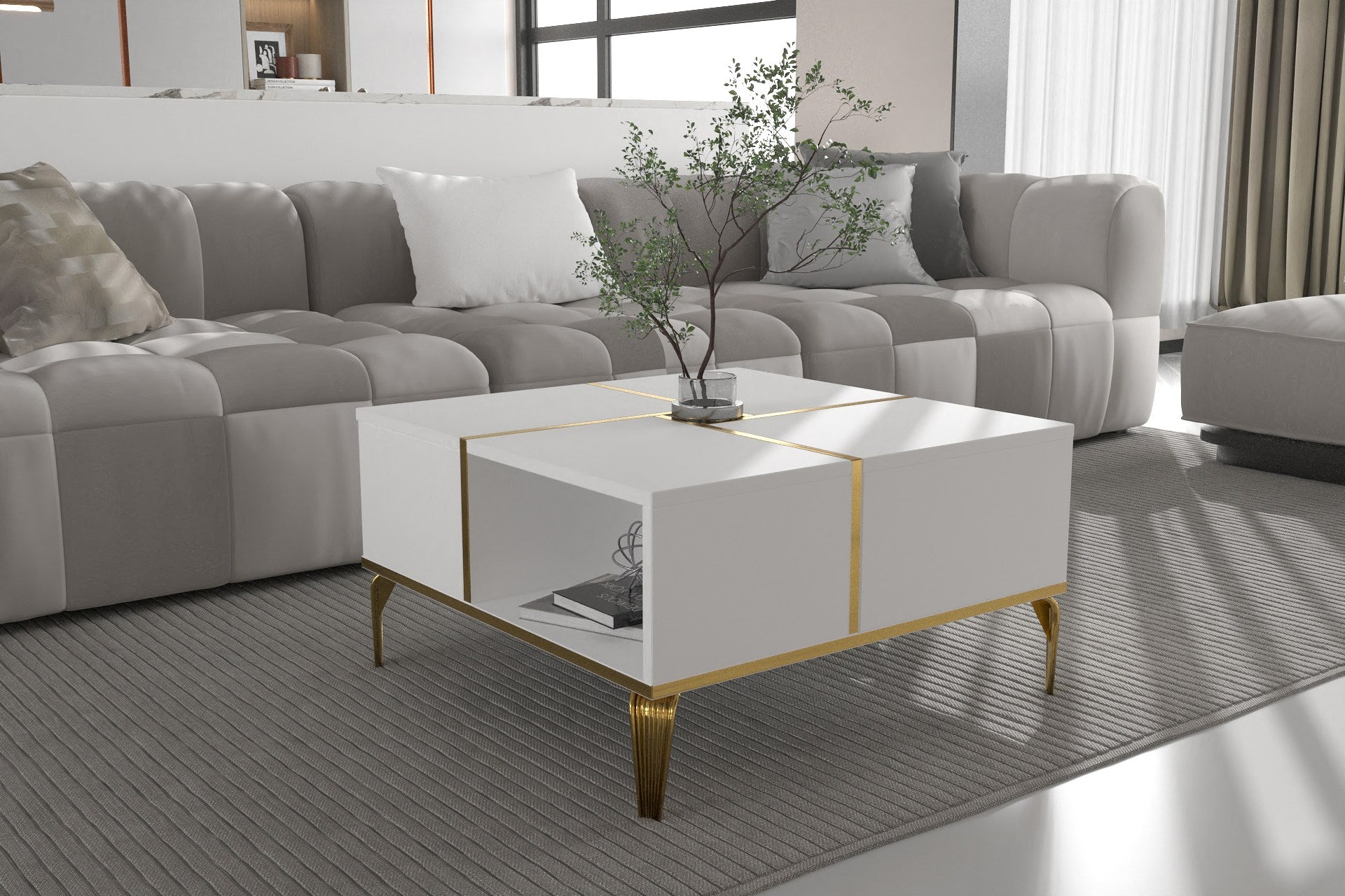 Mesa de Centro Elegante, Branca e Dourada, 71,8 x 43,8 x 71,8 cm | Painel de Partículas 100% Revestido em Melamina, 18 mm de Espessura | Design Elegante com Pés de Plástico para Espaços Modernos