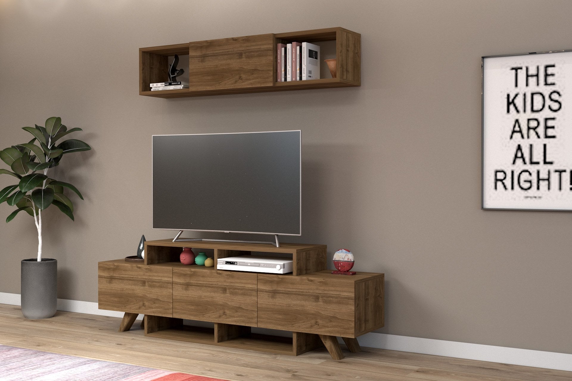 Móvel de TV – 150 cm x 49 cm x 31,6 cm – Nogueira – Painel de partículas revestido a melamina