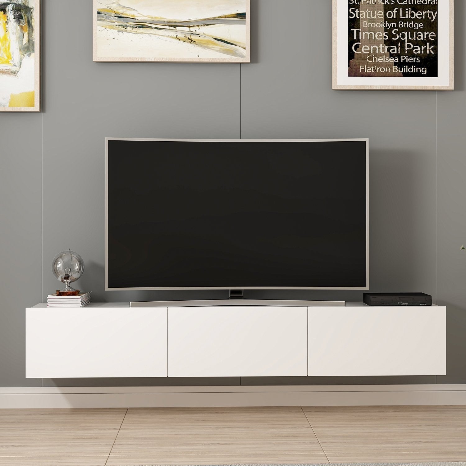 Móvel de TV elegante, branco, 180 cm x 30 cm x 32 cm | Painel de partículas 100% revestido em melamina, 18 mm de espessura | Design moderno para salas de estar e espaços de entretenimento