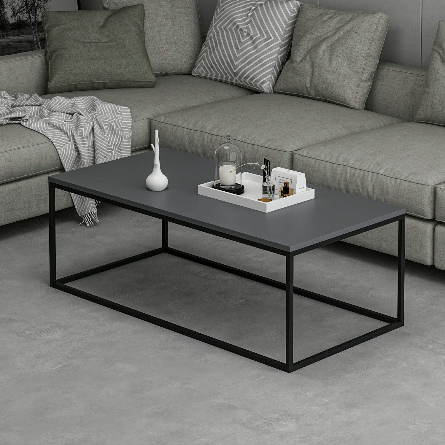 Mesa de Centro Elegante em Antracite, 120 x 60 x 42 cm | Painel de Partículas 100% Revestido em Melamina, 18 mm de Espessura, Estrutura de Metal Resistente | Perfeita para Espaços Modernos