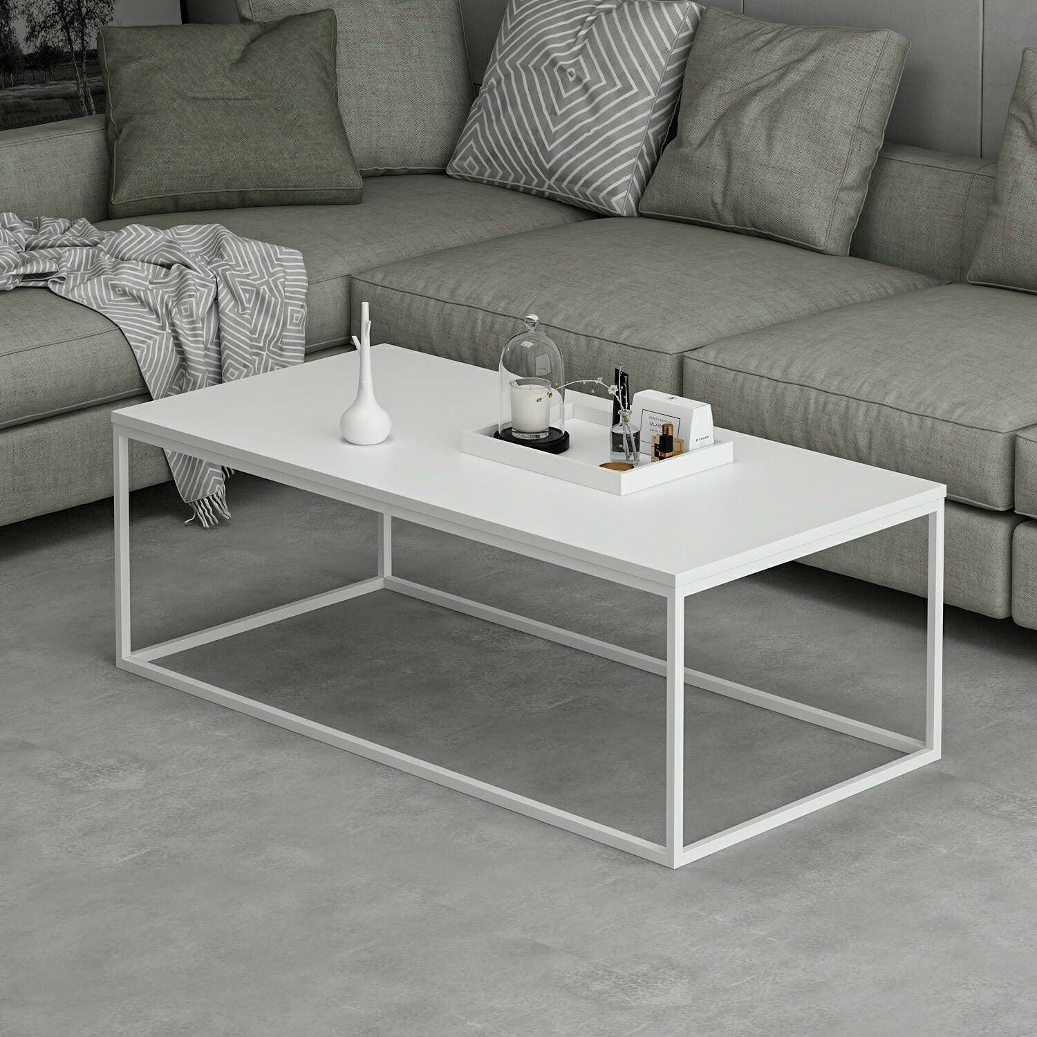 Mesa de Centro Branca Elegante, 120 x 60 x 42 cm | Painel de Partículas 100% Revestido em Melamina, 18 mm de Espessura, Estrutura de Metal Resistente | Perfeita para Salas de Estar Modernas