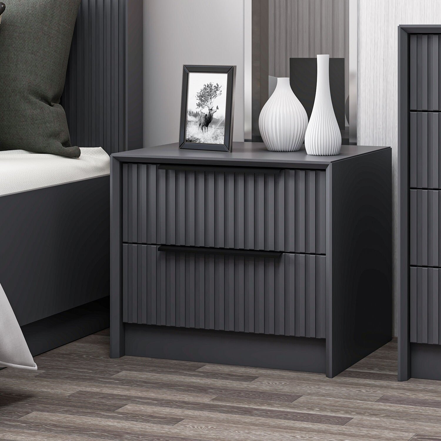 Mesa de cabeceira elegante em antracite, 45 x 53 x 45 cm | Painel de partículas 100% revestido em melamina, 18 mm de espessura | Perfeito para quartos e salas de estar modernos