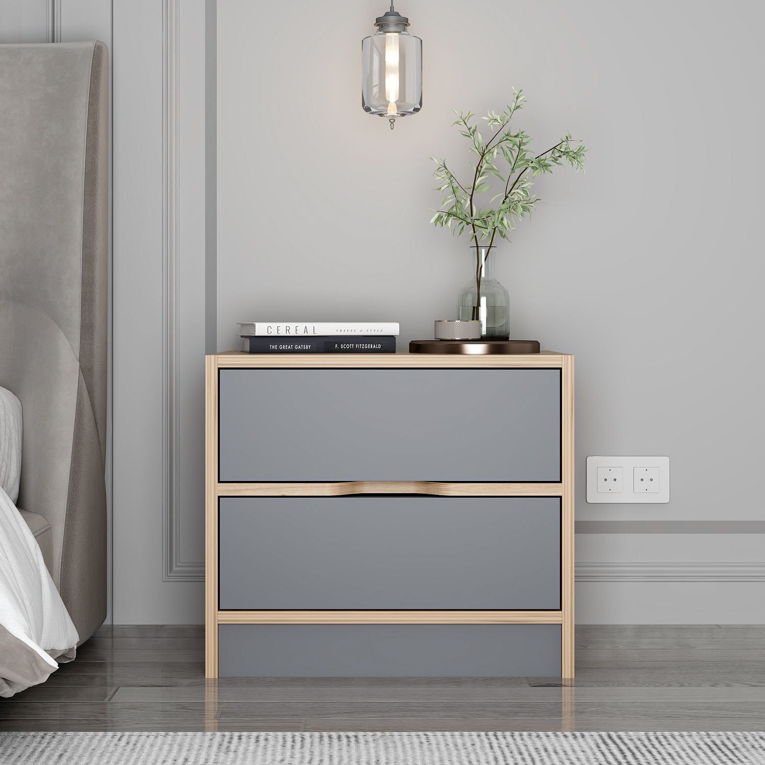 Mesa de cabeceira elegante com prateleiras, nogueira e antracite, 54 x 47 x 40 cm | Painel de partículas 100% revestido de melamina, 18 mm de espessura | Perfeito para quartos modernos