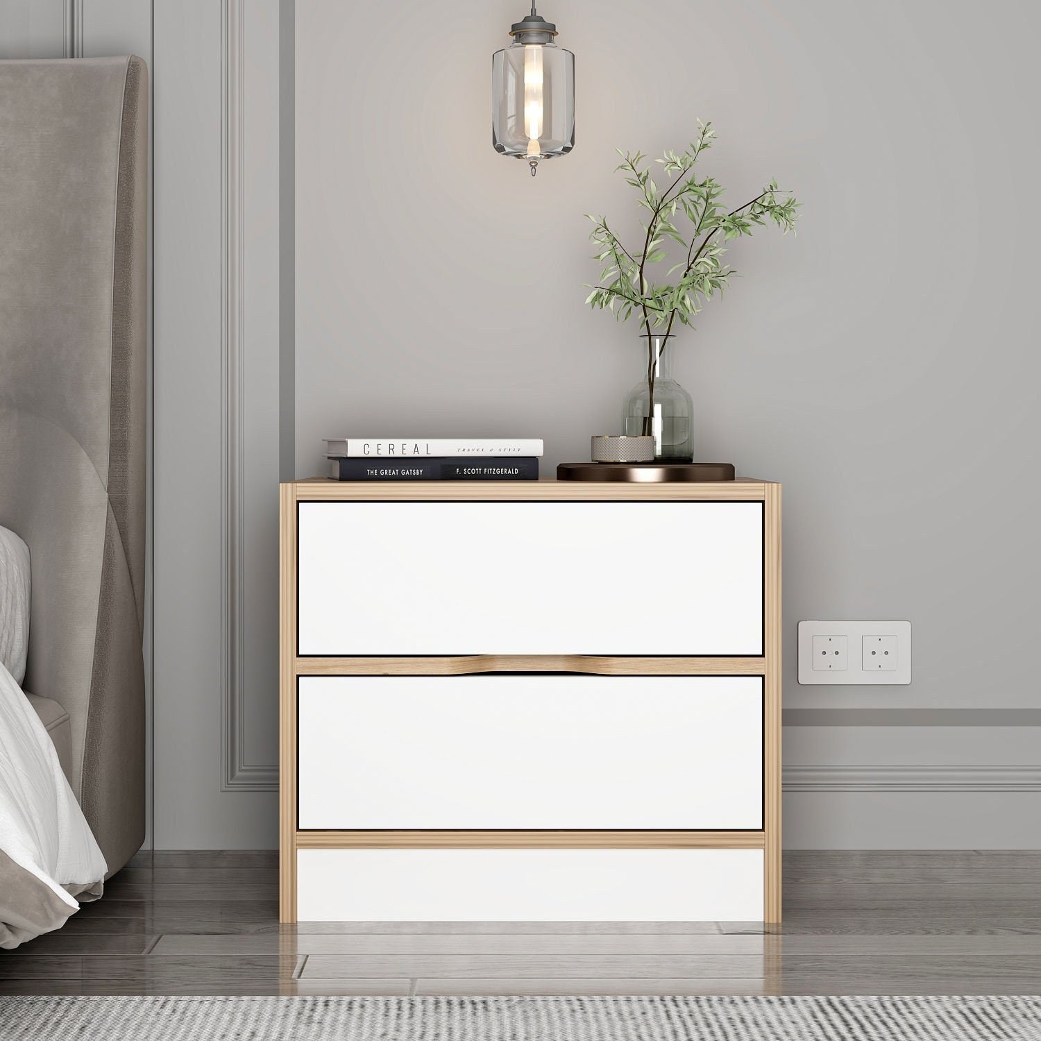 Mesa de cabeceira elegante com prateleiras, nogueira e branco, 54 x 40 x 47 cm | Painel de partículas 100% revestido de melamina, 18 mm de espessura | Perfeito para quartos modernos