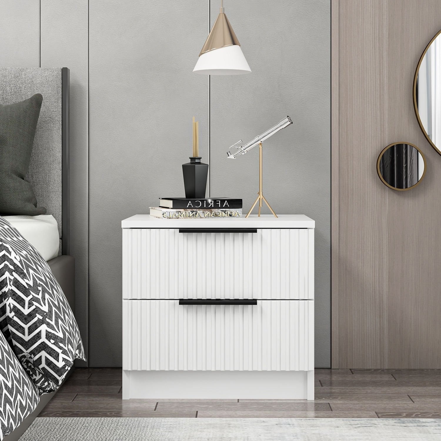 Elegante mesa de cabeceira branca com várias prateleiras, 50 x 47 x 40 cm | Painel de partículas 100% revestido em melamina, 18 mm de espessura | Perfeito para quartos modernos