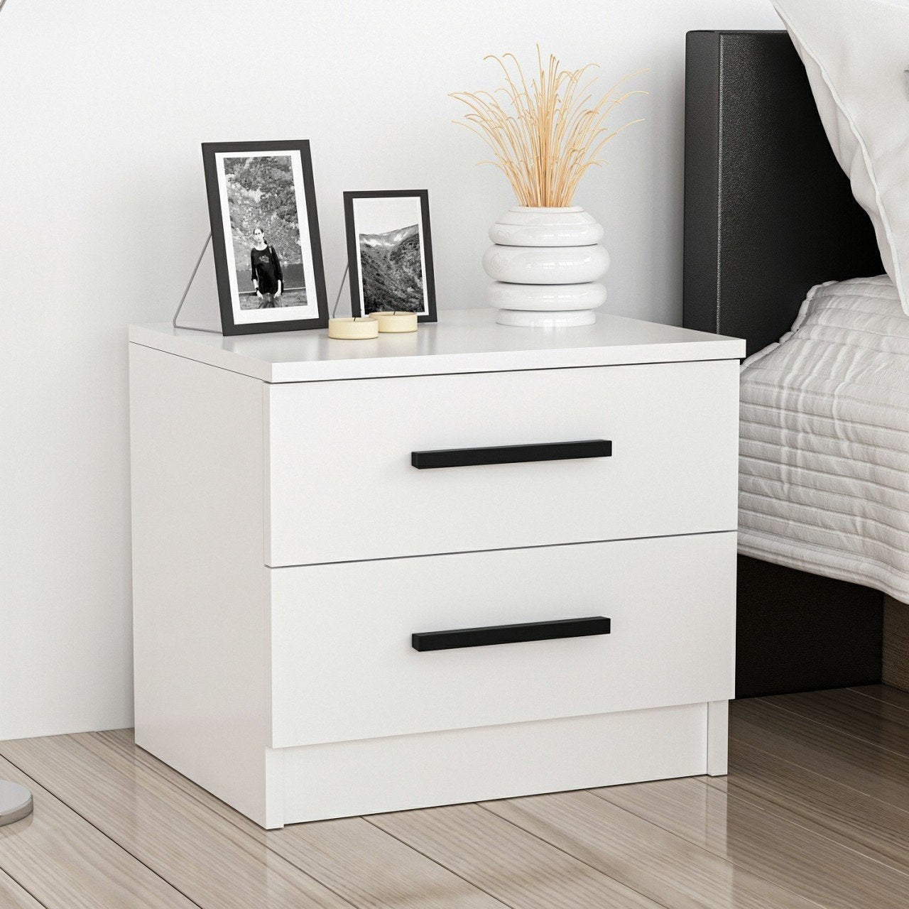 Mesa de Cabeceira Branca Elegante, 50 cm x 40 cm x 47 cm | Painel de Partículas 100% Revestido em Melamina, 18 mm de Espessura | Várias Prateleiras para Quartos Modernos