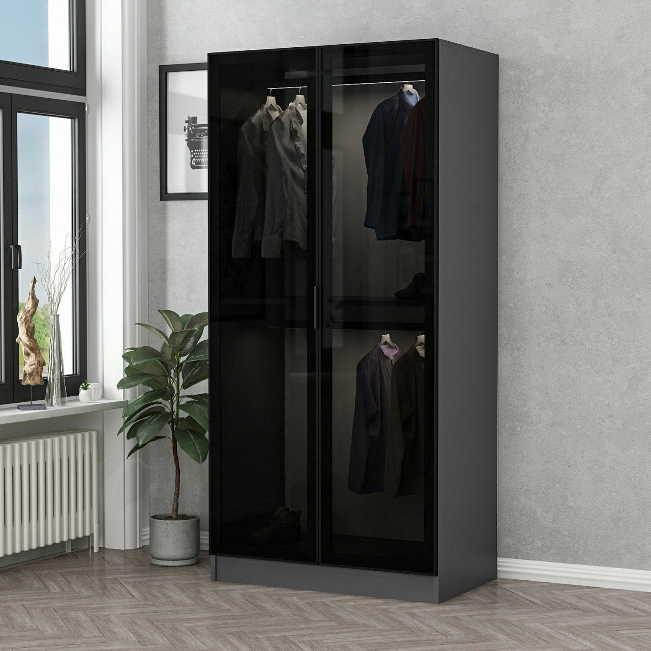 Guarda-roupa – 90 x 190 x 52 cm – Preto e antracite – Painel de partículas revestido em melamina