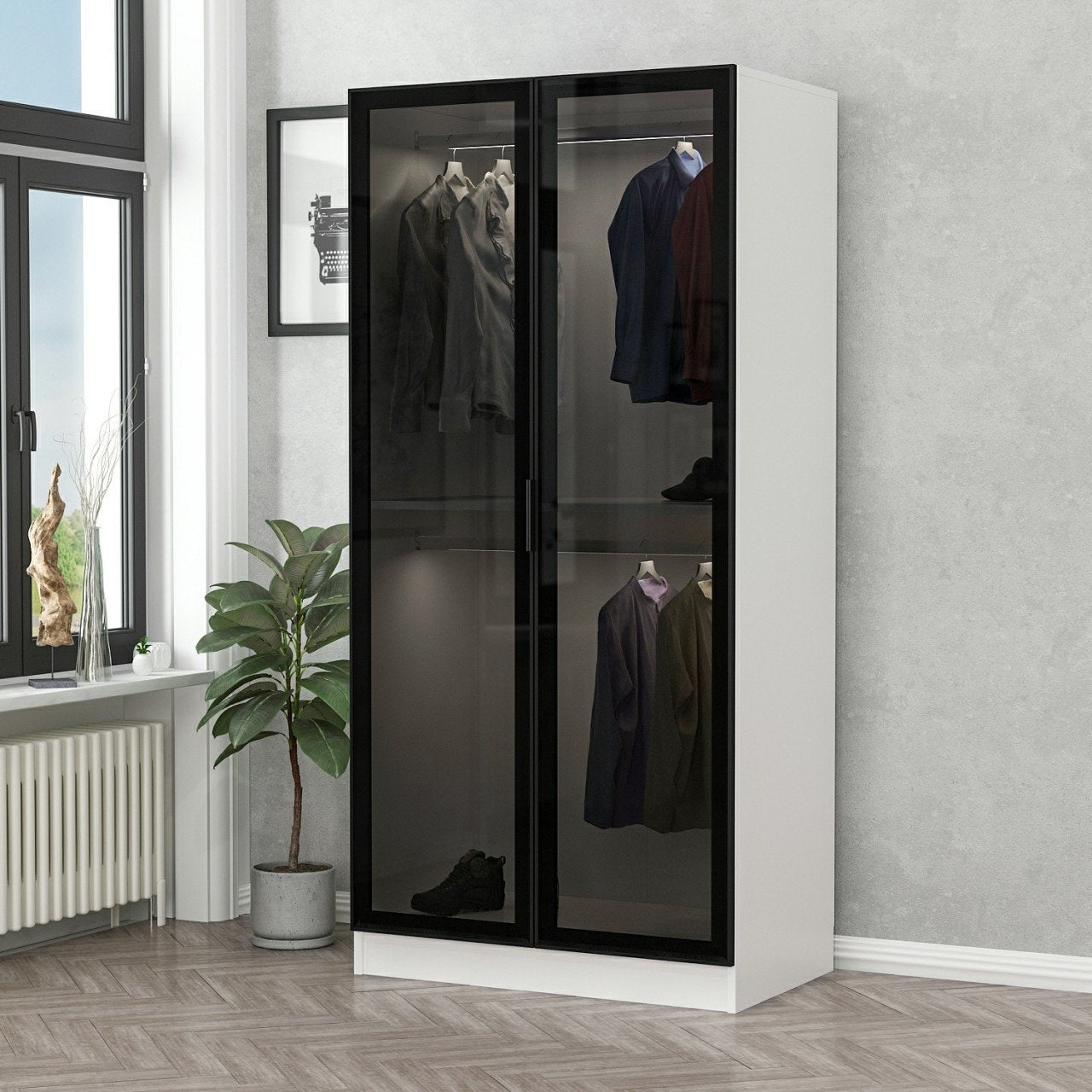 Guarda-roupa – 90 x 210 x 52 cm – Preto e Branco – Painel de partículas revestido a melamina