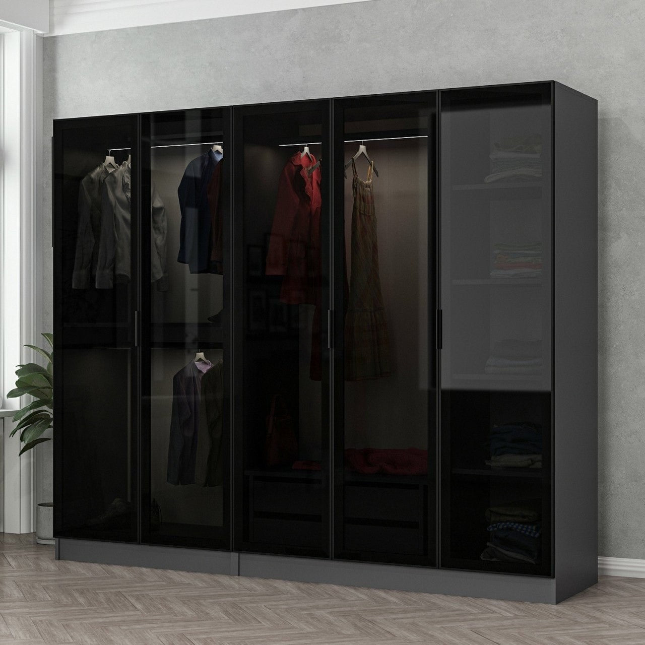 Guarda-roupa – 225 x 210 x 52 cm – Antracite e preto – Painéis de partículas revestidos a melamina