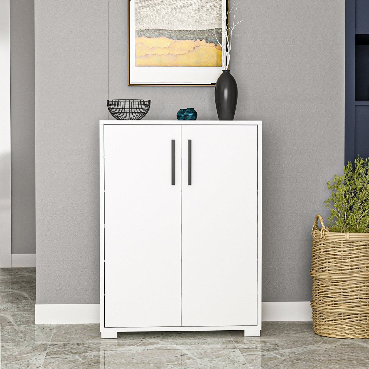 Sapateira branca estilosa, 72 cm x 97 cm x 35 cm | Painel de partículas 100% revestido em melamina, 18 mm de espessura | Perfeito para organizar calçados em espaços modernos