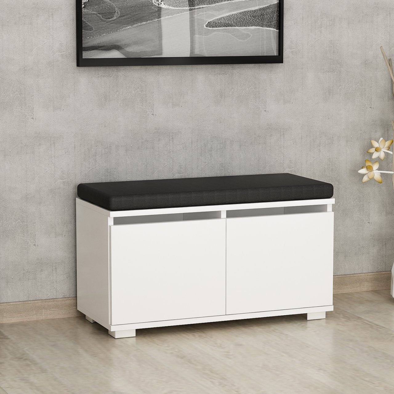 Sapateira branca estilosa, 80 cm x 42 cm x 35 cm | Painel de partículas 100% revestido em melamina, 18 mm de espessura | Perfeito para entradas e espaços modernos
