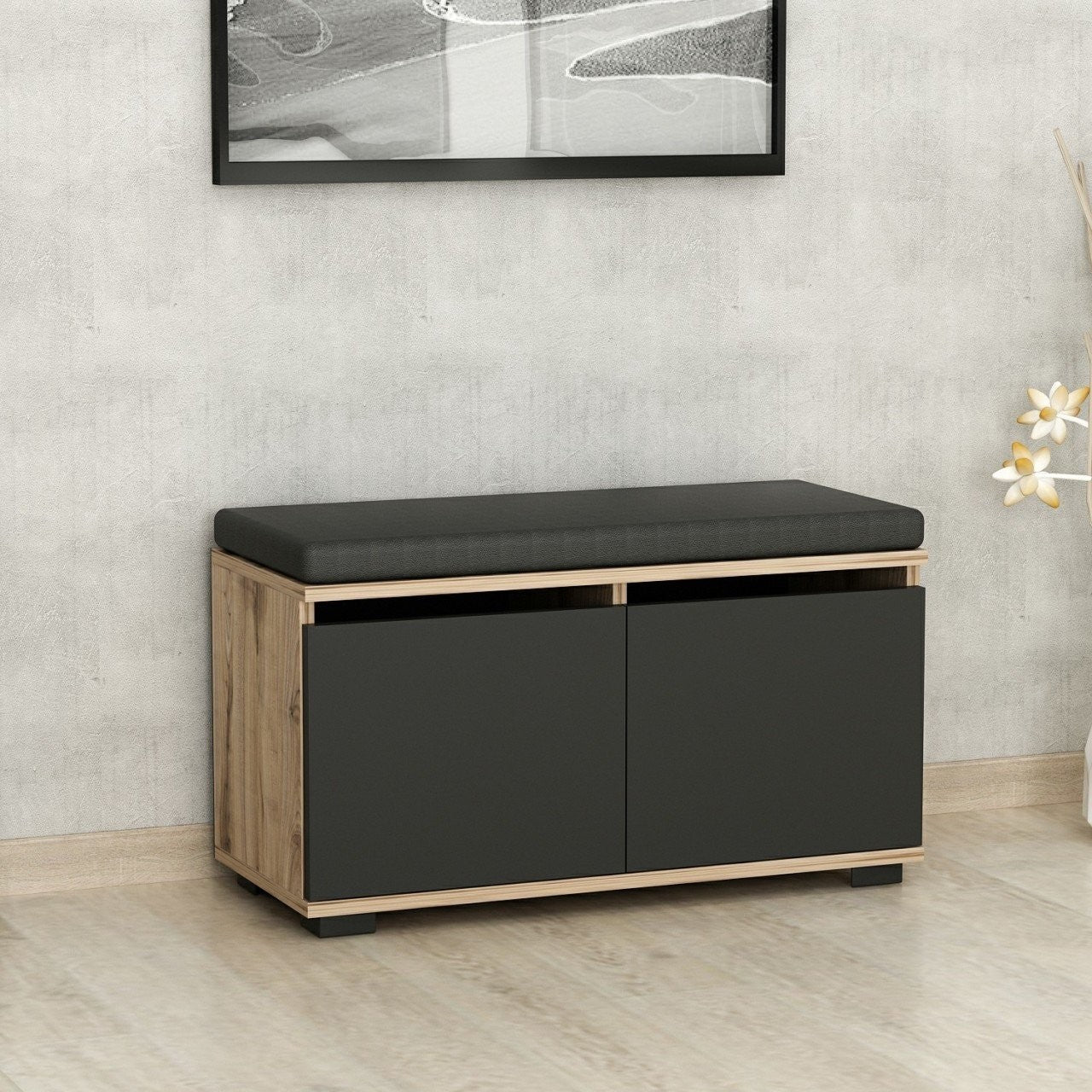 Sapateira estilosa, nogueira e preta, 80 x 42 x 35 cm | Painel de partículas 100% revestido de melamina, 18 mm de espessura | Perfeito para entradas modernas e soluções de armazenamento