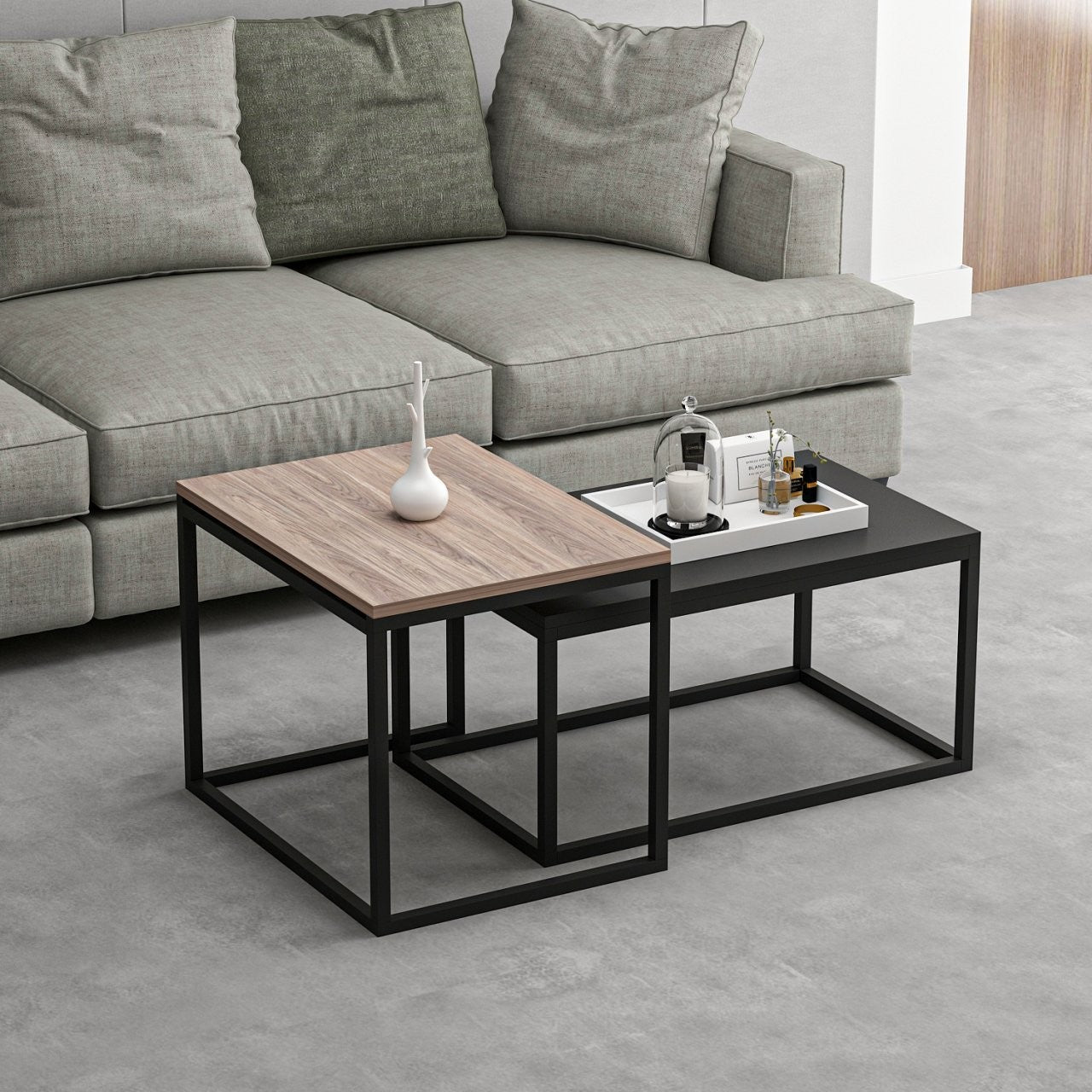 Mesa de Centro Preta Elegante, 100% Aglomerado Revestido em Melamina, 18mm de Espessura | Módulo Inferior: 72x37x45 cm, Módulo Superior: 60x47x45 cm | Design Moderno para Sala de Estar
