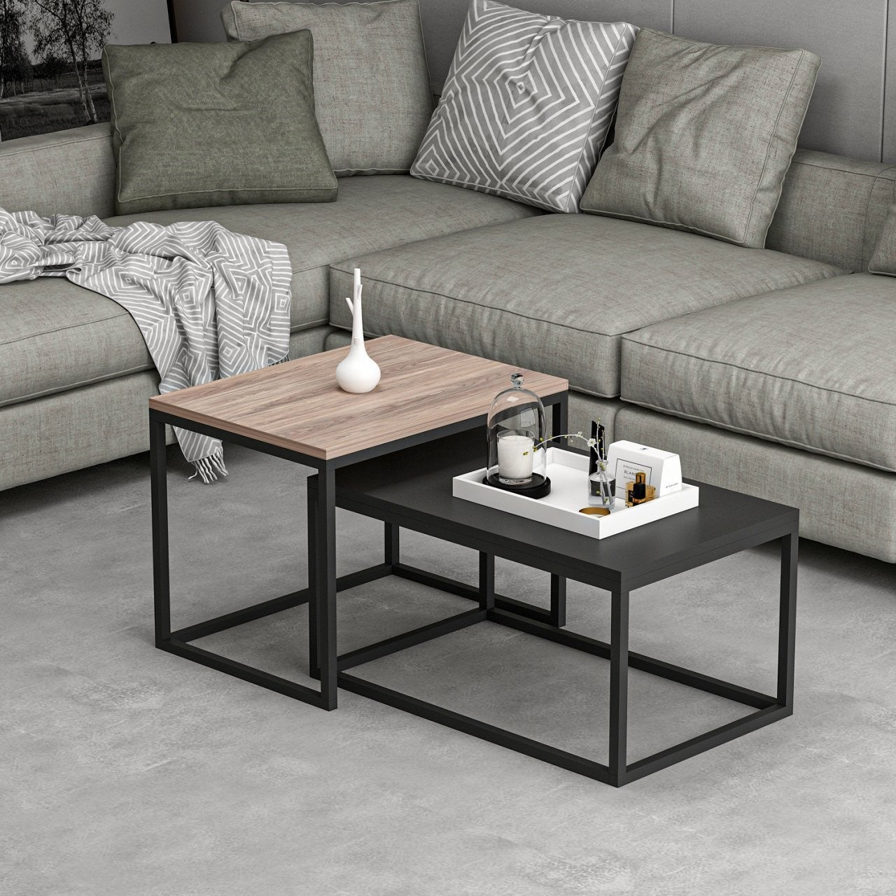 Mesa de Centro Preta Elegante, 100% Aglomerado Revestido em Melamina, 18mm de Espessura | Módulo Inferior: 72x37x45 cm, Módulo Superior: 60x47x45 cm | Design Moderno para Sala de Estar