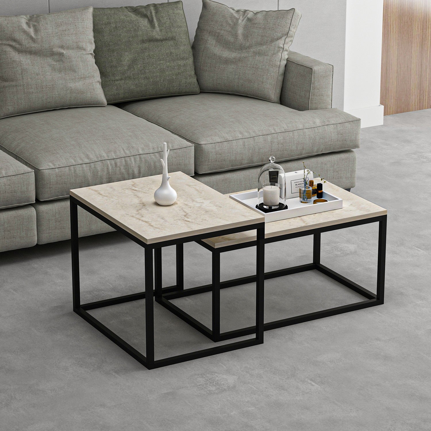 Mesa de Centro Travertino com Design Modular de Dois Níveis - Revestimento Melamínico Resistente
