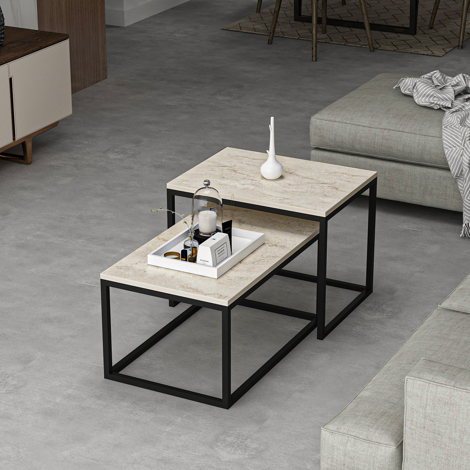 Mesa de Centro Travertino com Design Modular de Dois Níveis - Revestimento Melamínico Resistente