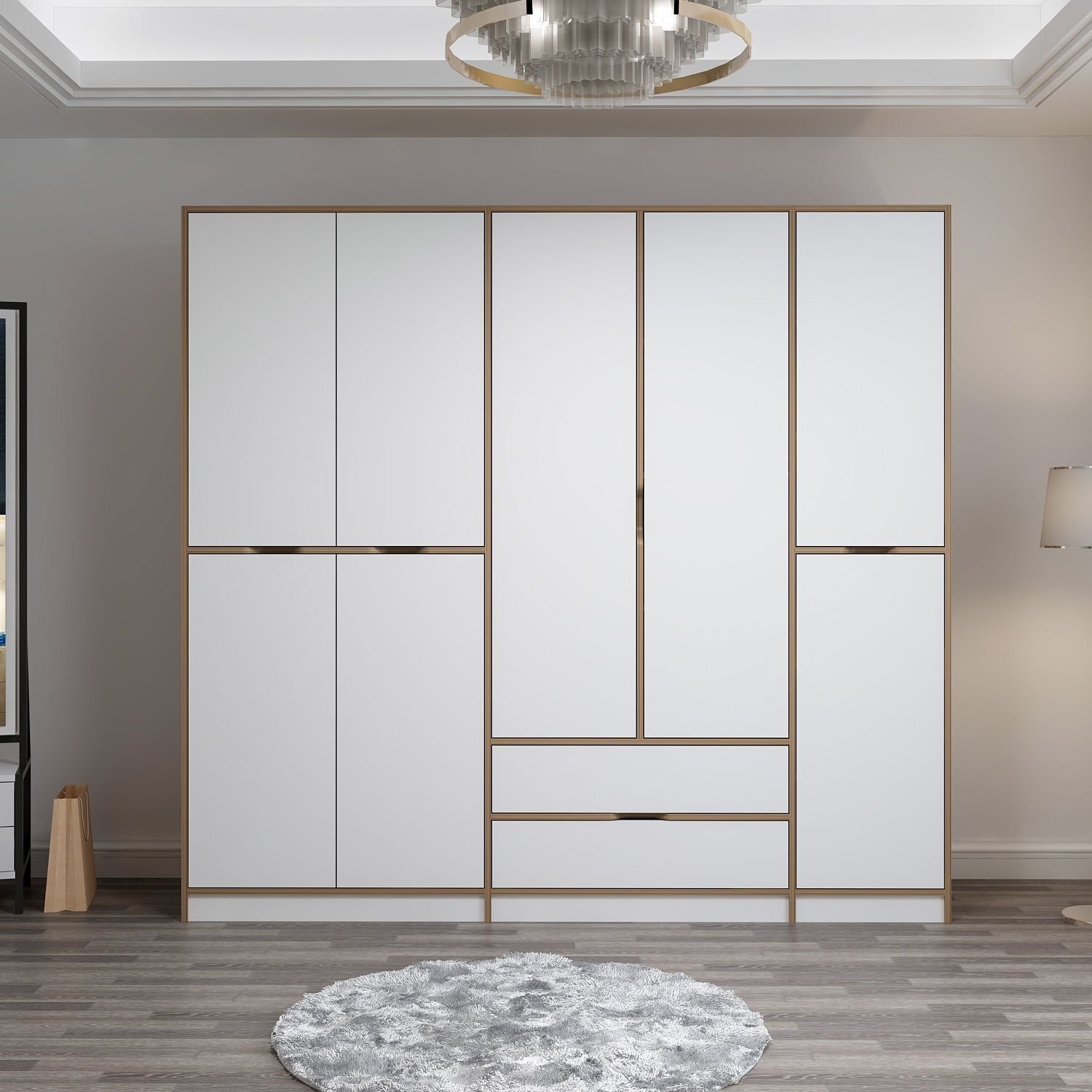 Guarda-roupa elegante – 232 x 208 x 52 cm – Branco e Dourado – Painel de partículas revestido em melamina
