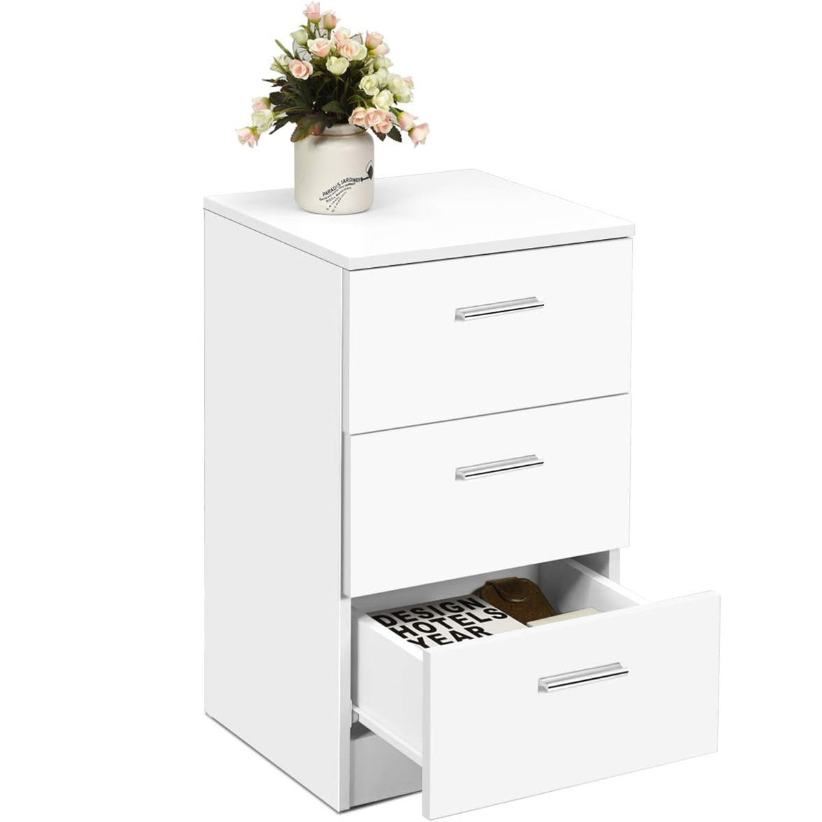Mesinha de Cabeceira em Madeira Maciça com 3 Gavetas de Arrumação Estilo Simples e Elegante para Sala Quarto 38 x 66 x 35 cm Branco