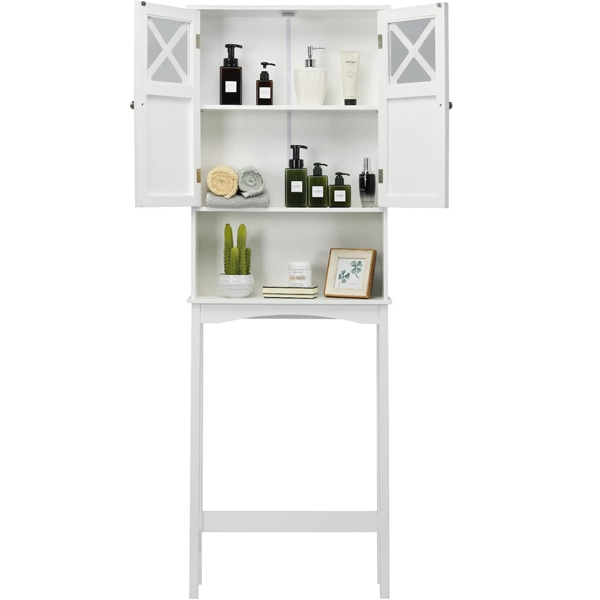 Móvel de Casa de Banho com Armário de Porta e Prateleira Aberta Móvel de Sanita Multifuncional 60 x 20 x 173 cm Branco