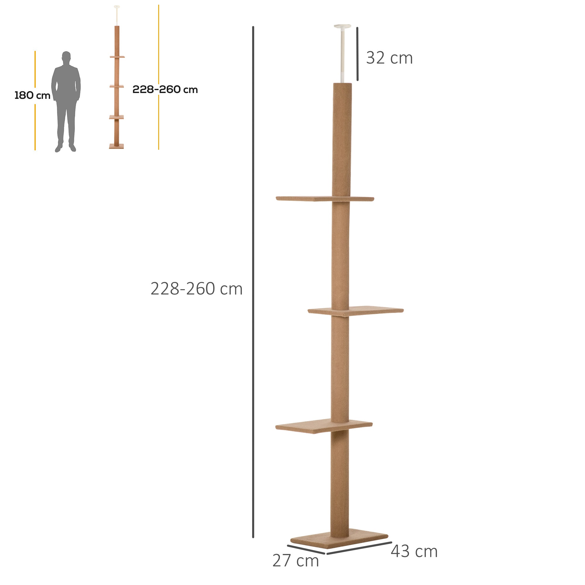 Arranhador para Gatos de Chão ao Teto 43x27x228-260 cm - Marrom