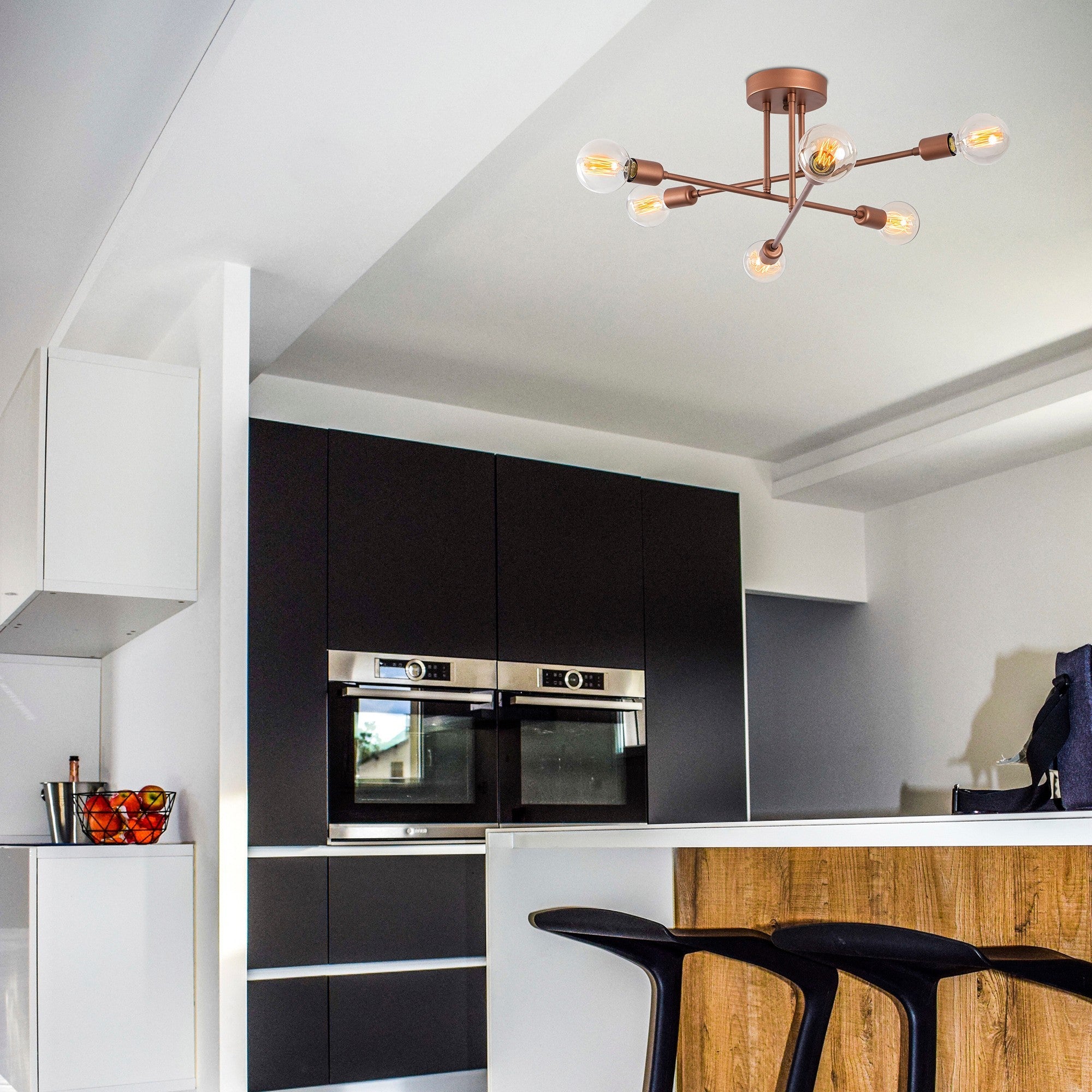 Candeeiro de Teto Elegante de Cobre, Corpo em Metal, 64 x 64 cm, Altura: 30 cm, 6 x E27, Máx. 40 W, Inclui Instruções de Instalação, IP20 | Perfeito para Espaços Modernos